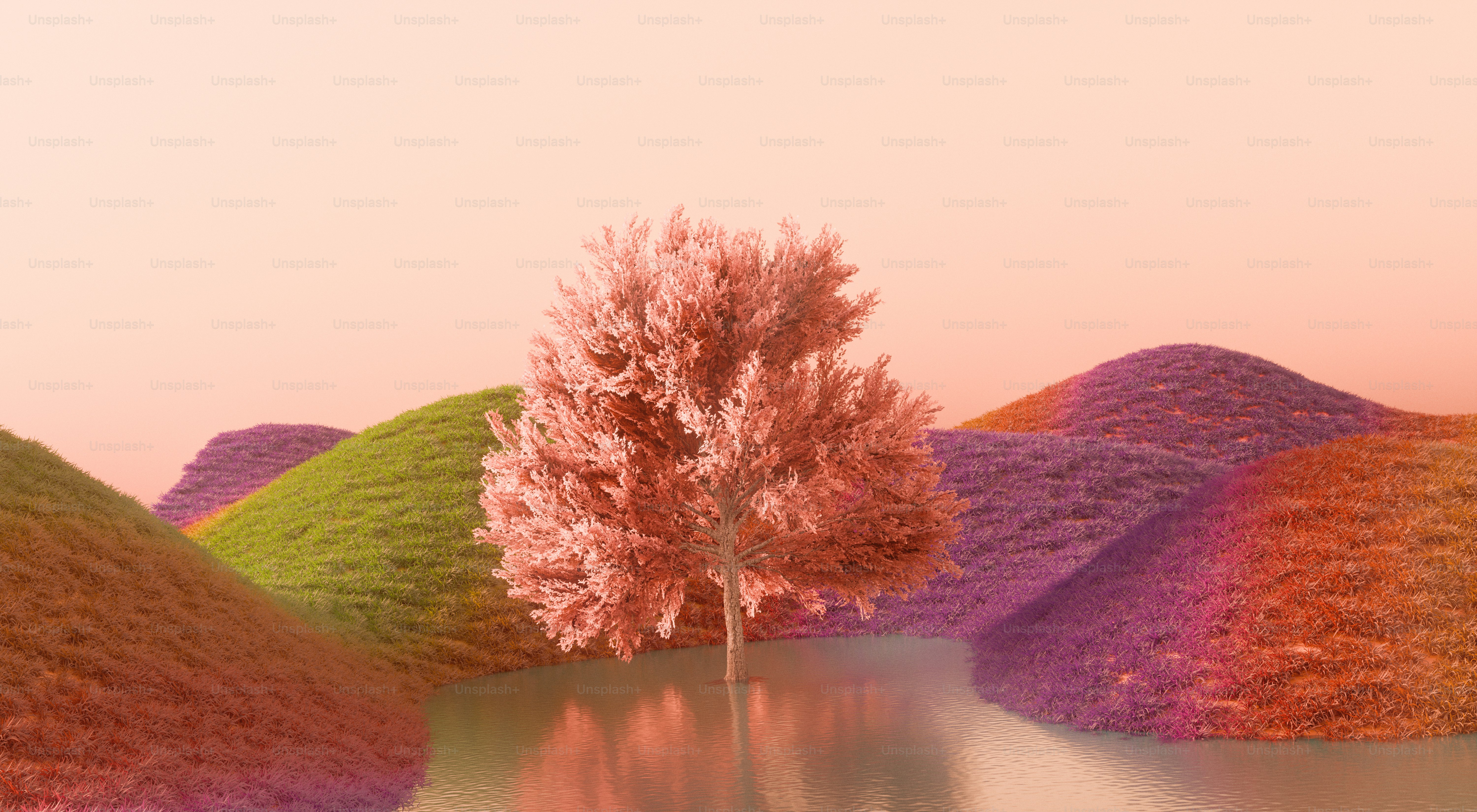 Un arbre rose se dresse au milieu de collines colorées.