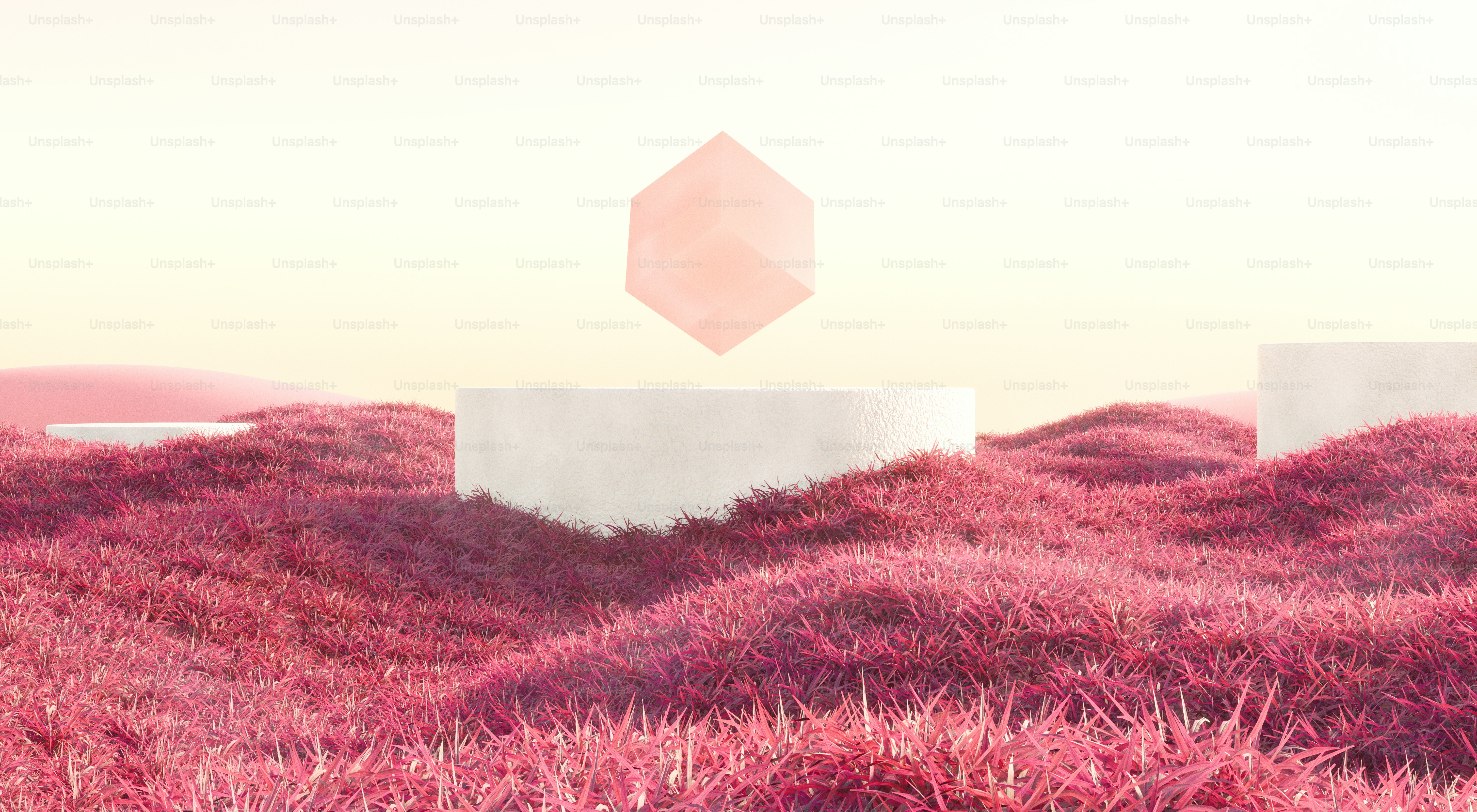 Un cube rose plane au-dessus d’une plate-forme blanche.