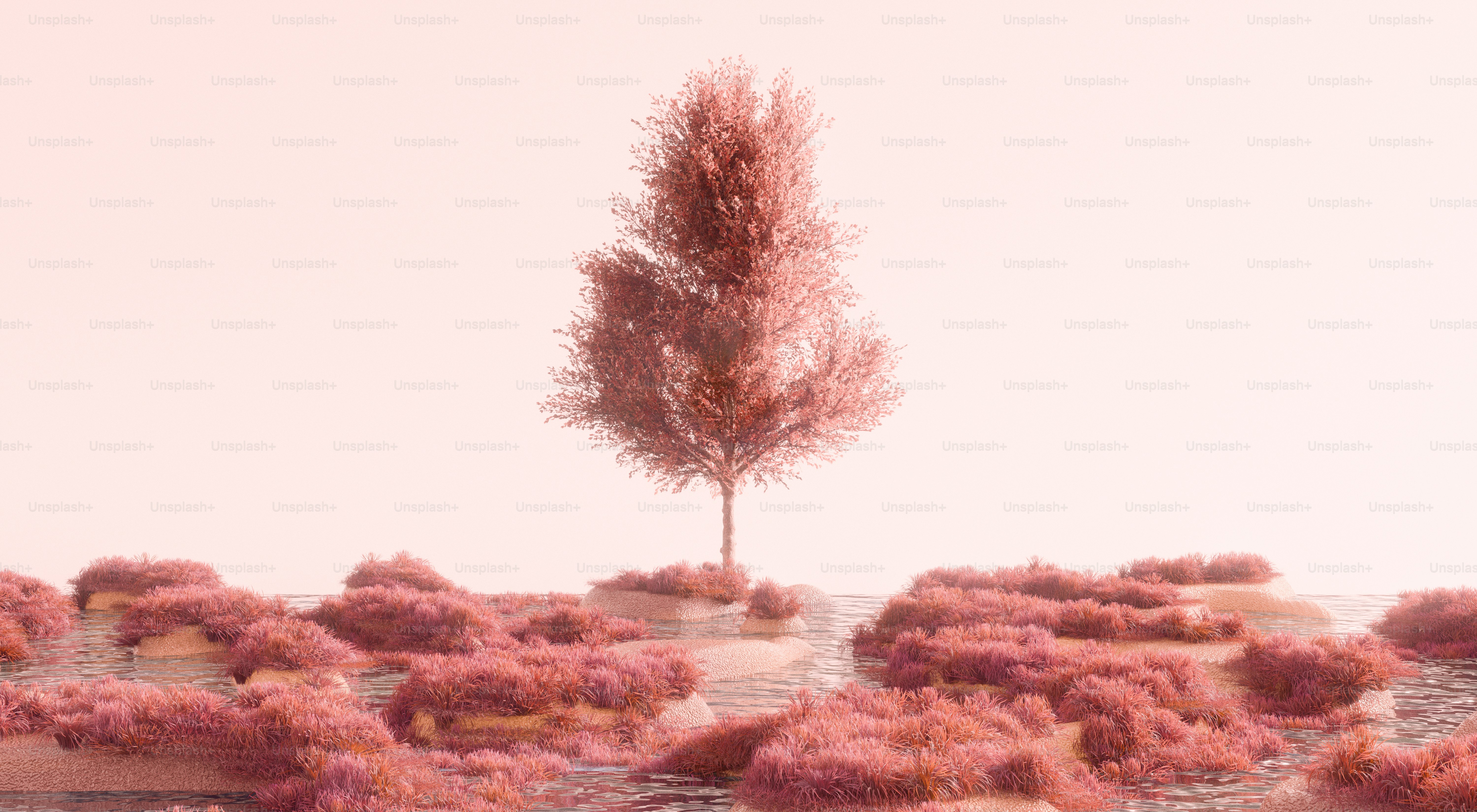 Un arbre solitaire se dresse dans un paysage rose et surréaliste.