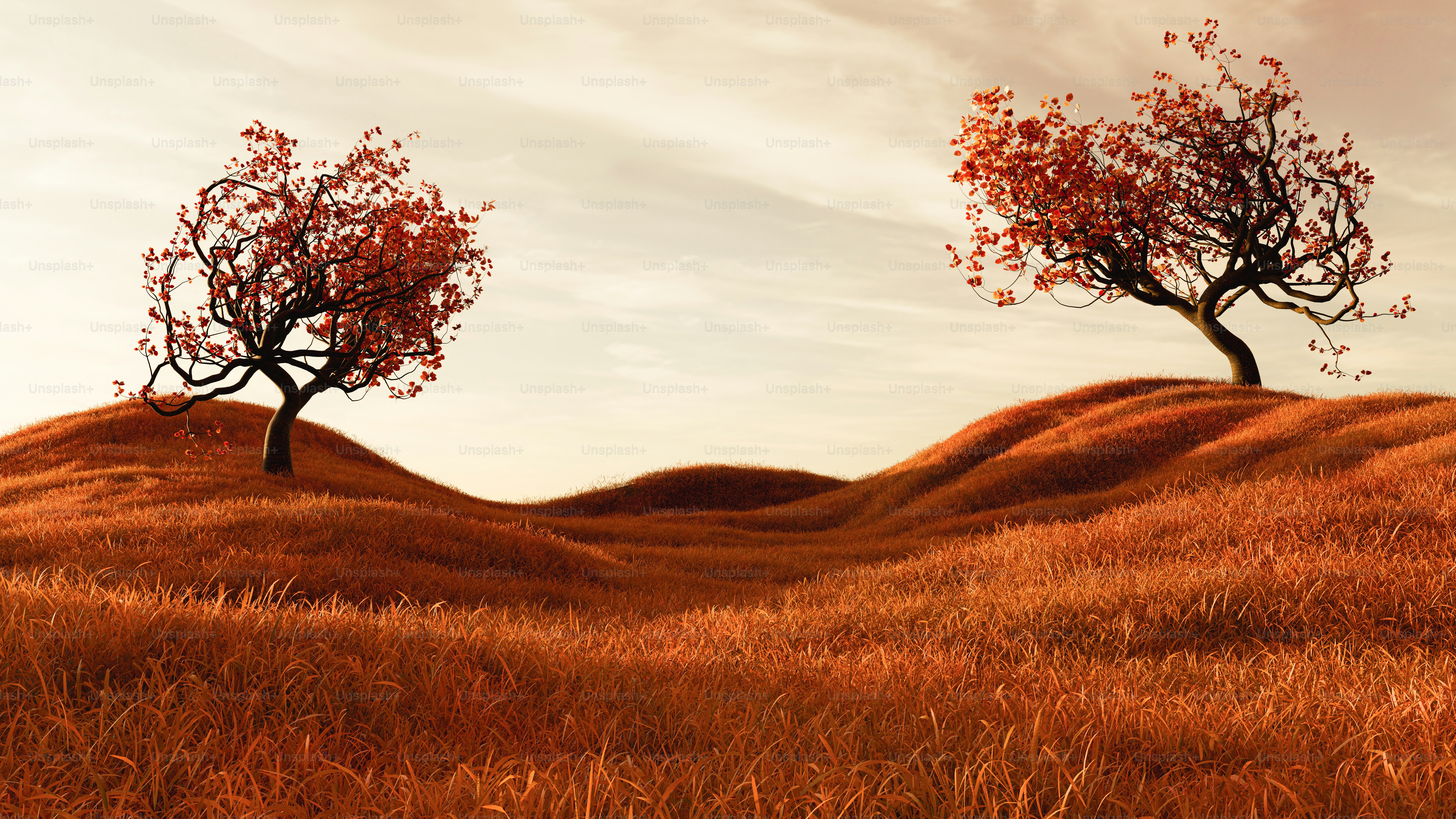 Two trees stand on a golden, rolling landscape