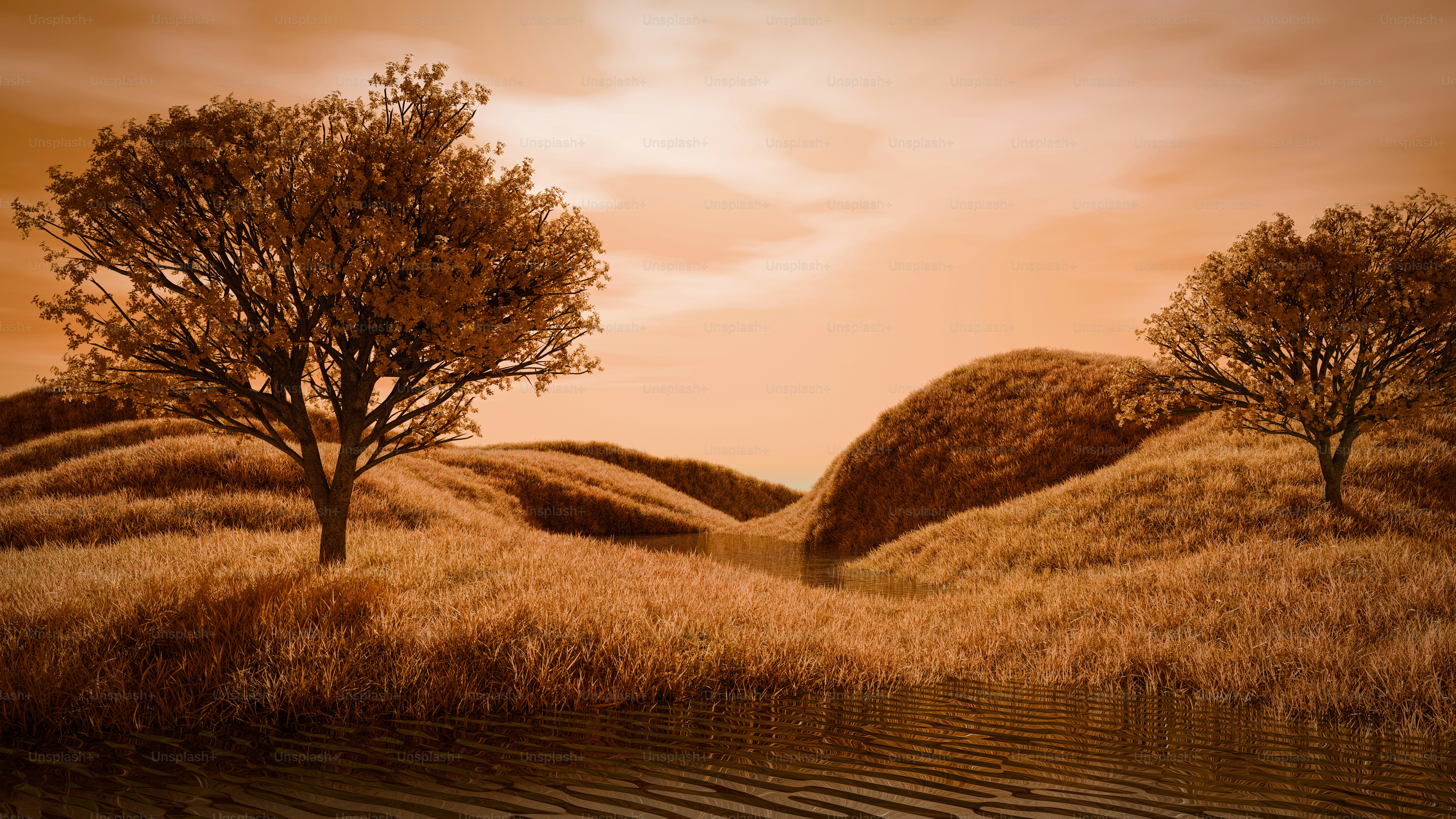 Two trees stand in a golden landscape