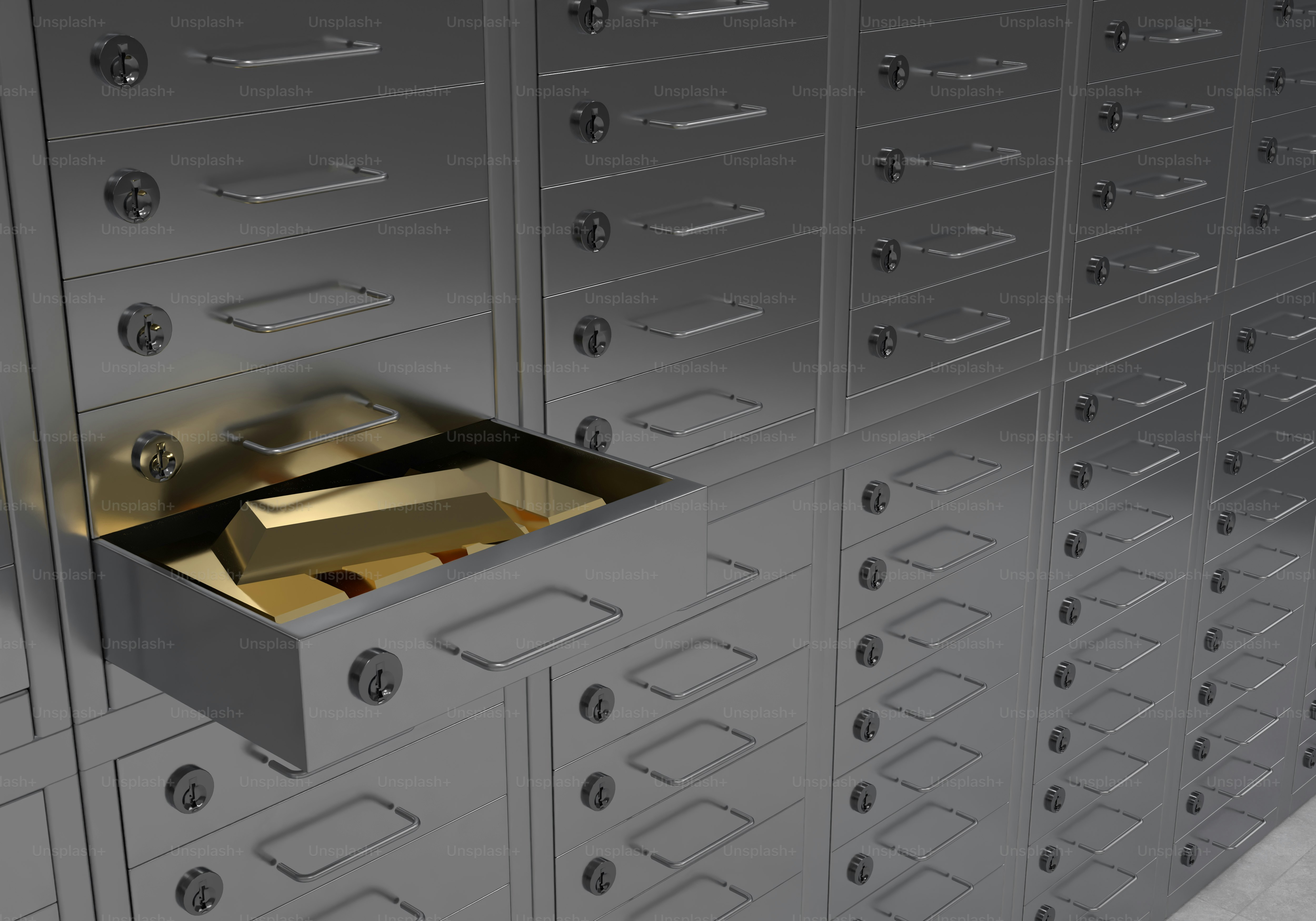 Gold bars inside a safe deposit box in a storage facility