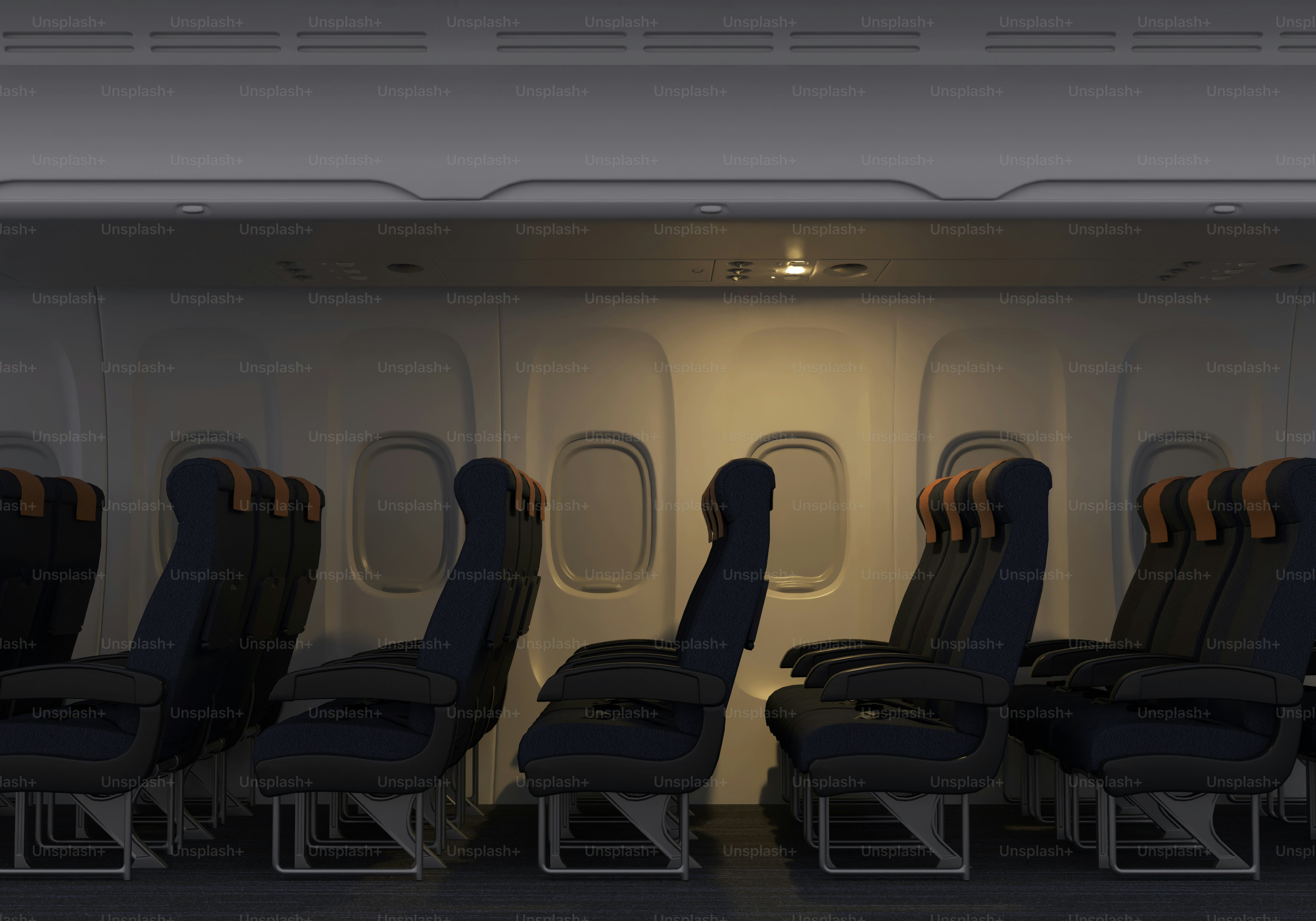 Empty airplane cabin with rows of seats