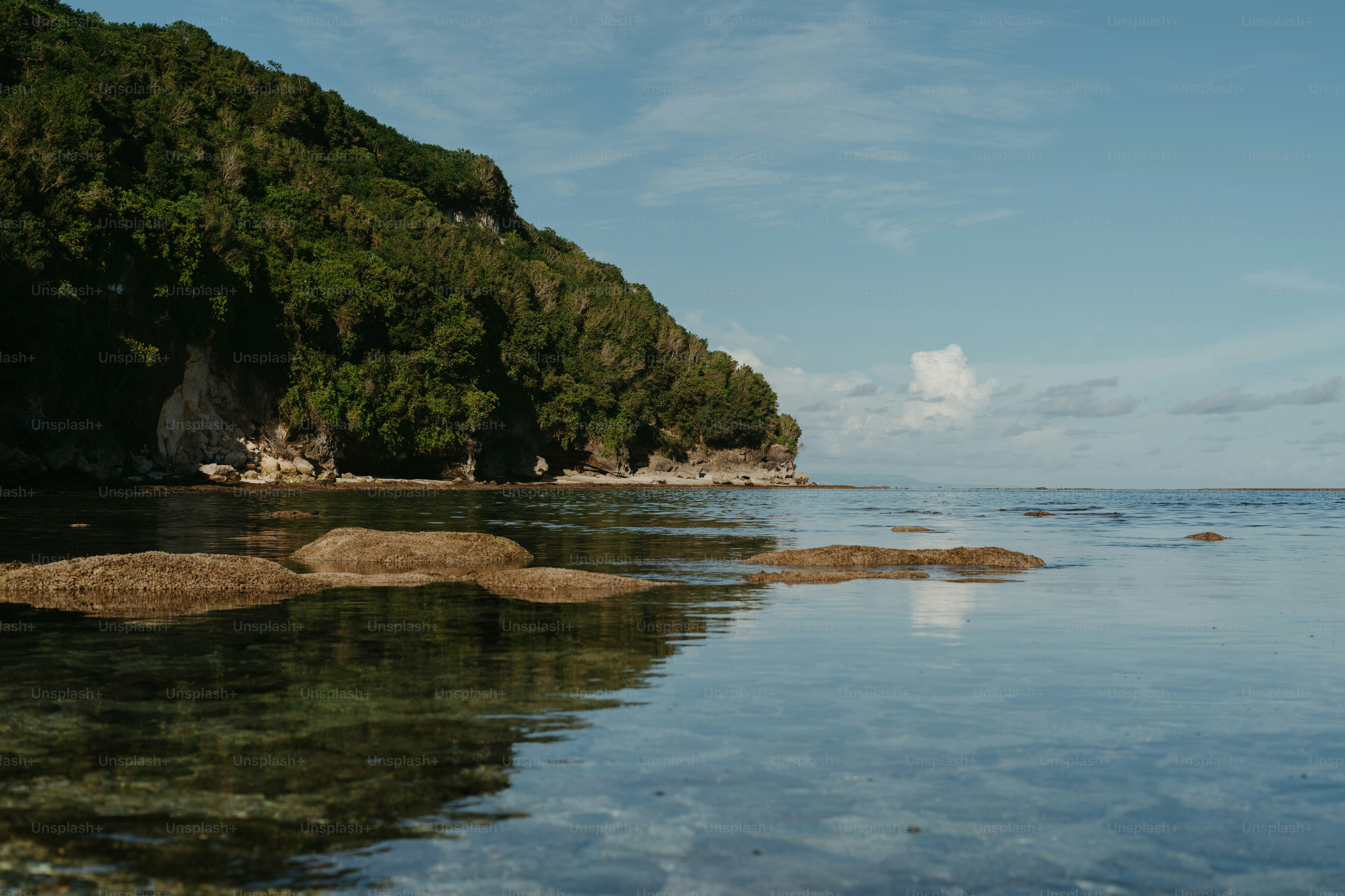 A tranquil seascape with lush, green cliffs
