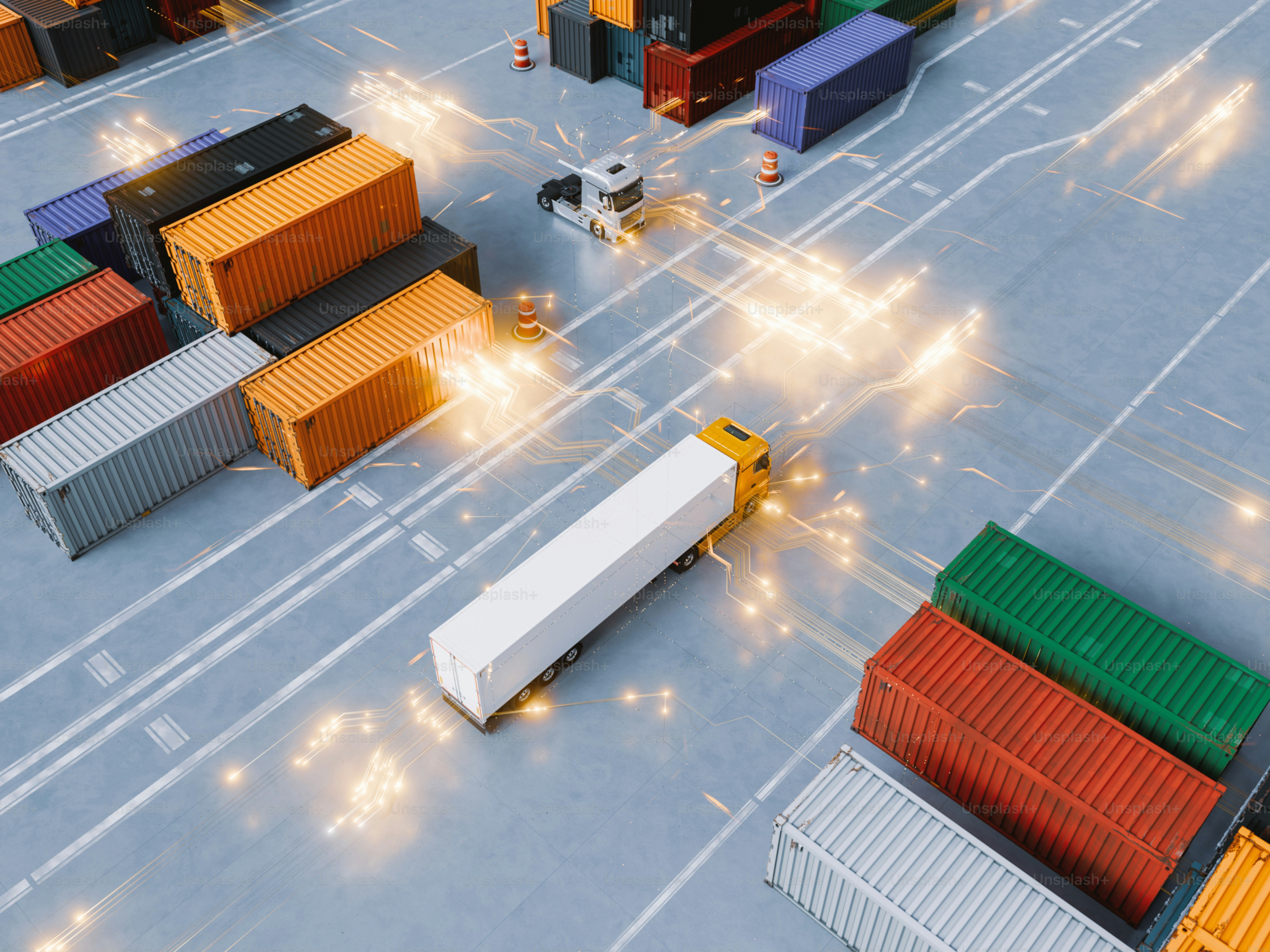 Shipping containers are being loaded and unloaded.