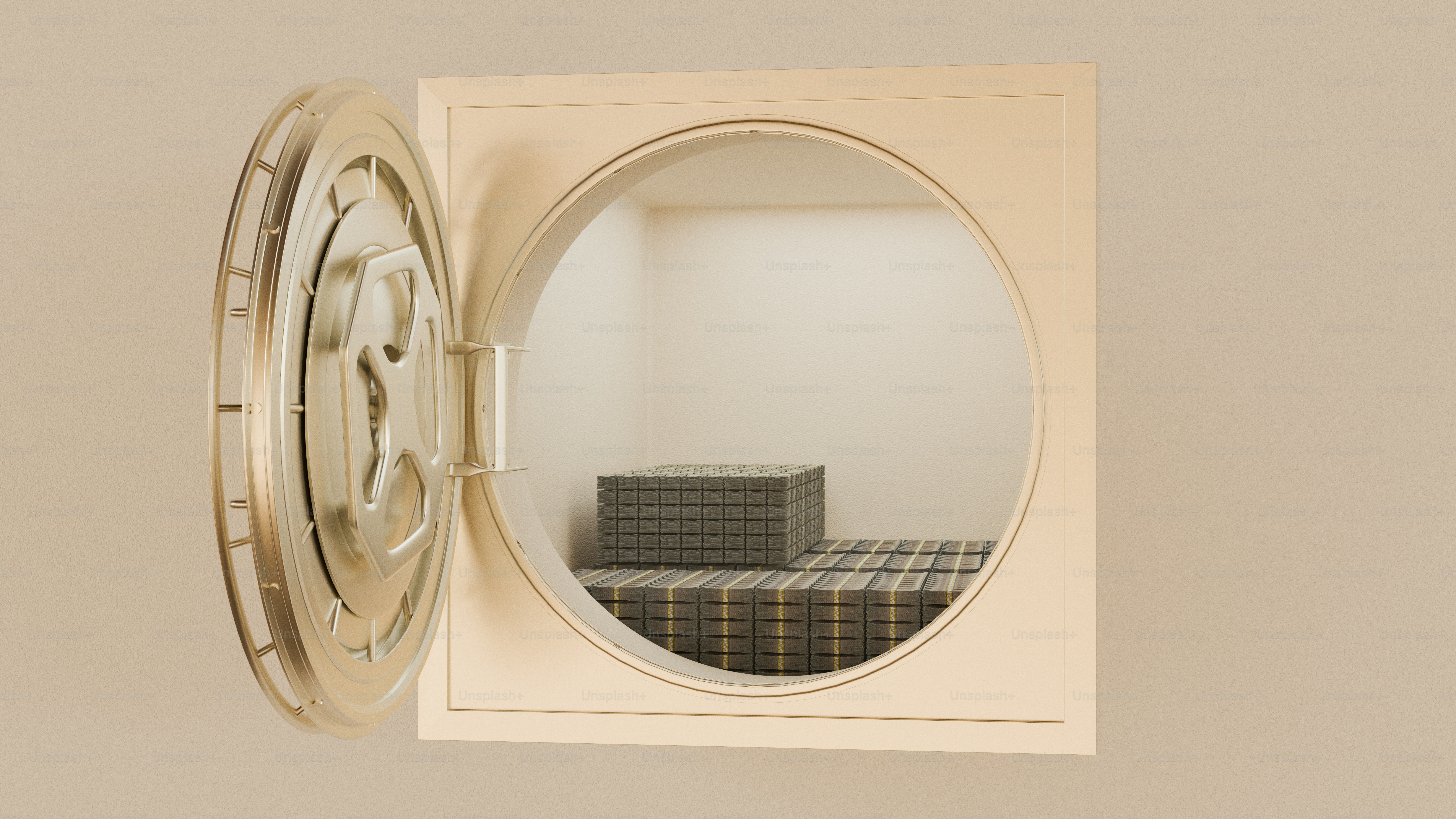 Open vault reveals a stack of grey objects.