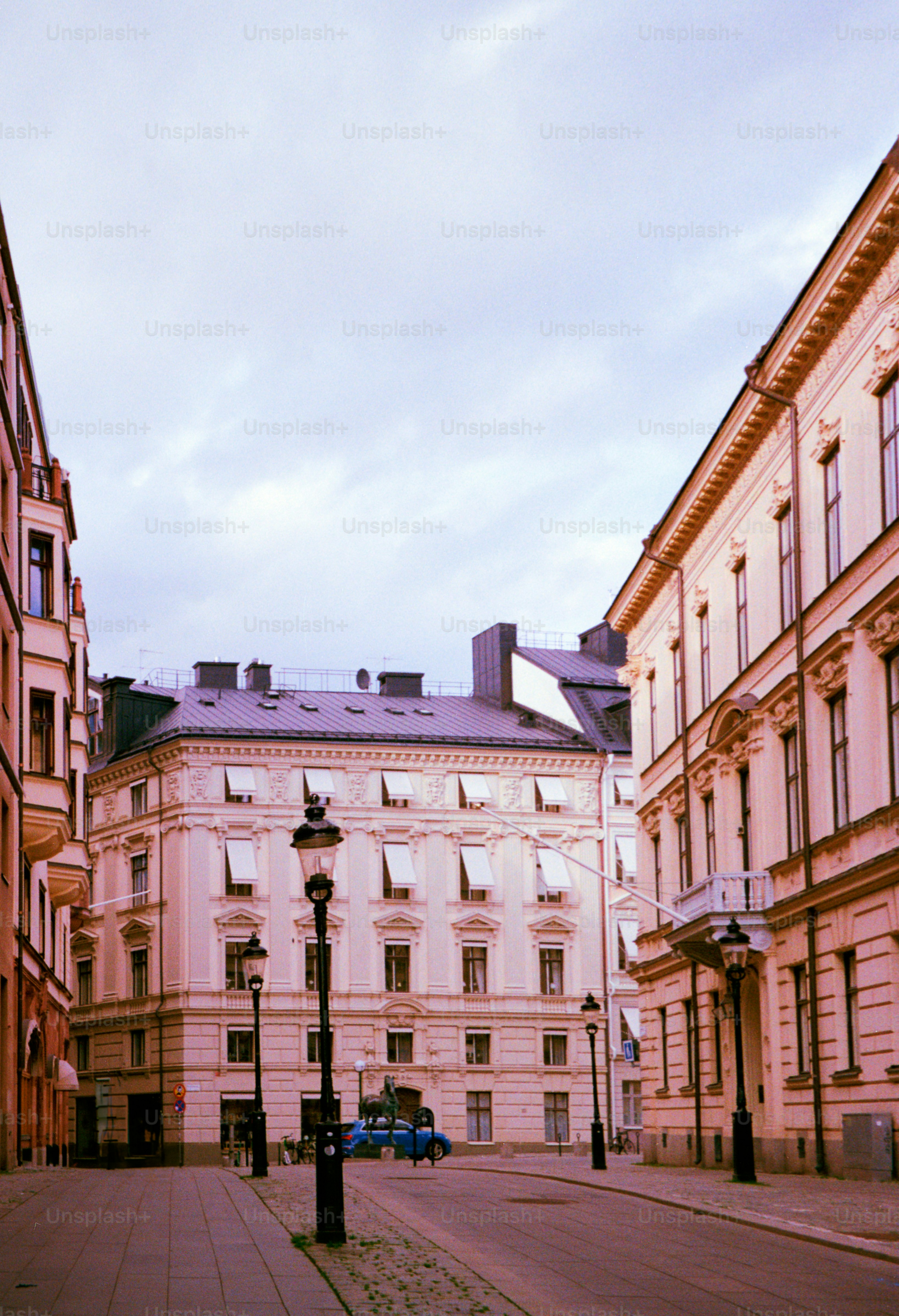 Beautiful buildings line a european street.