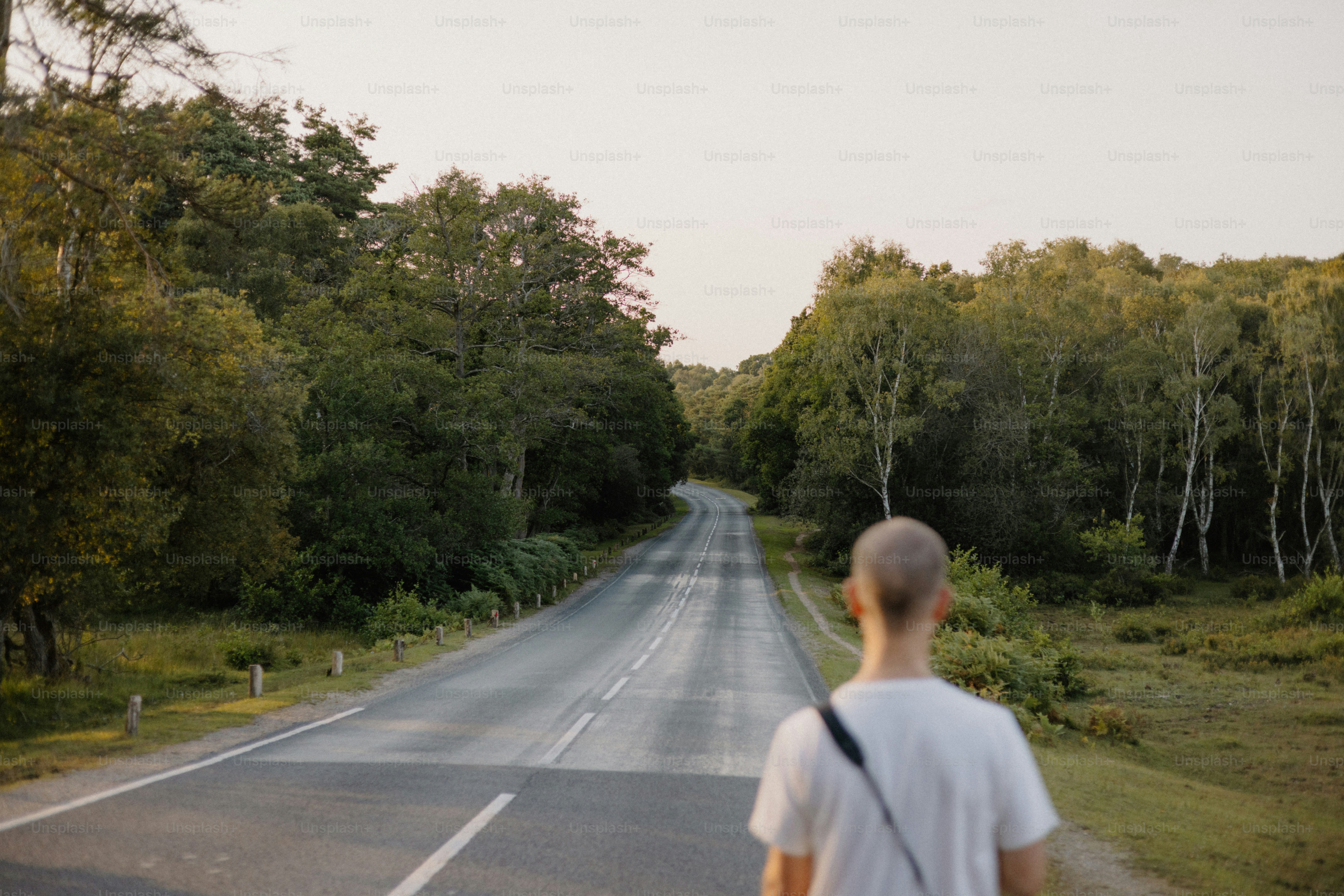 A man walks down a road in nature.
