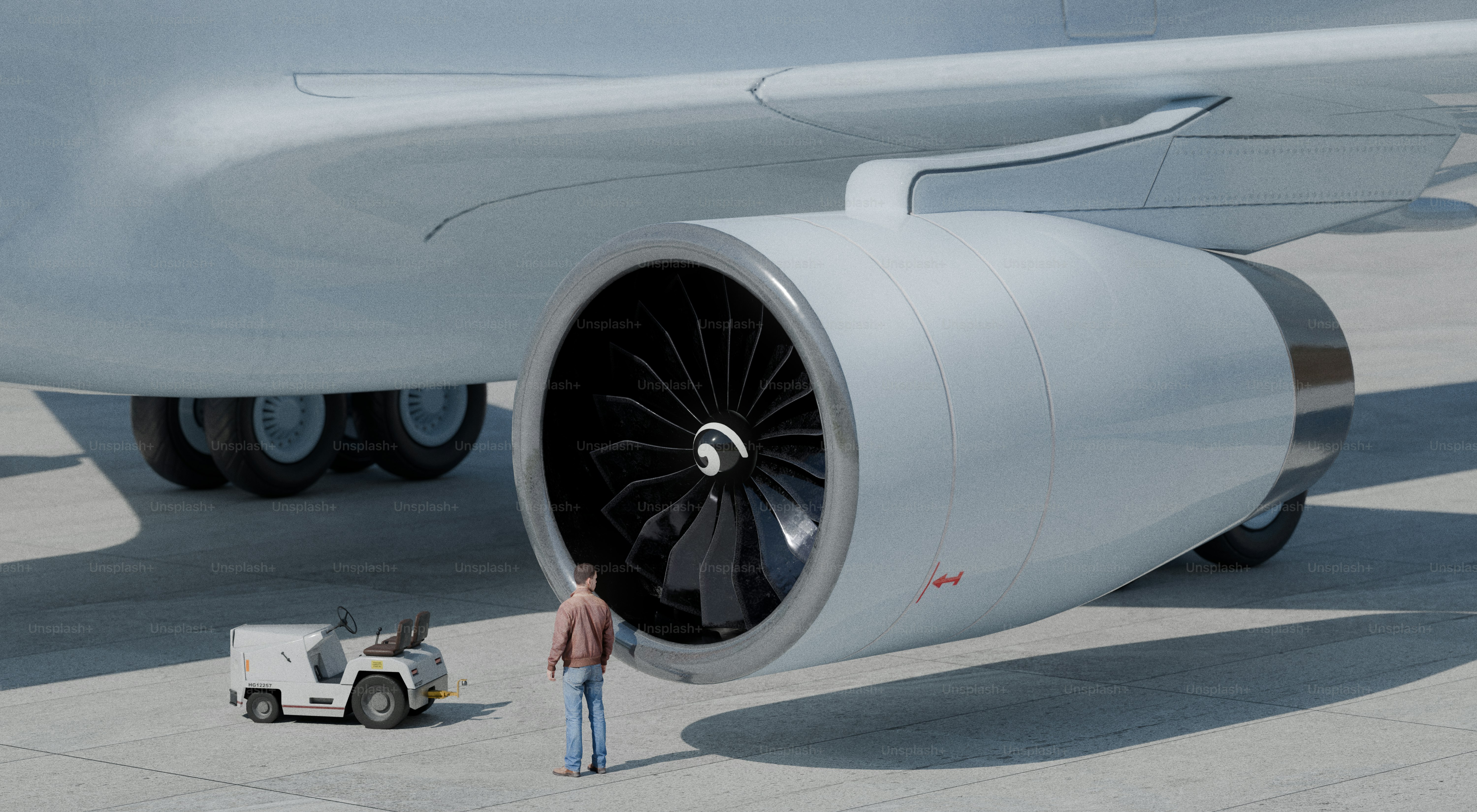 Man stands by massive airplane engine on tarmac