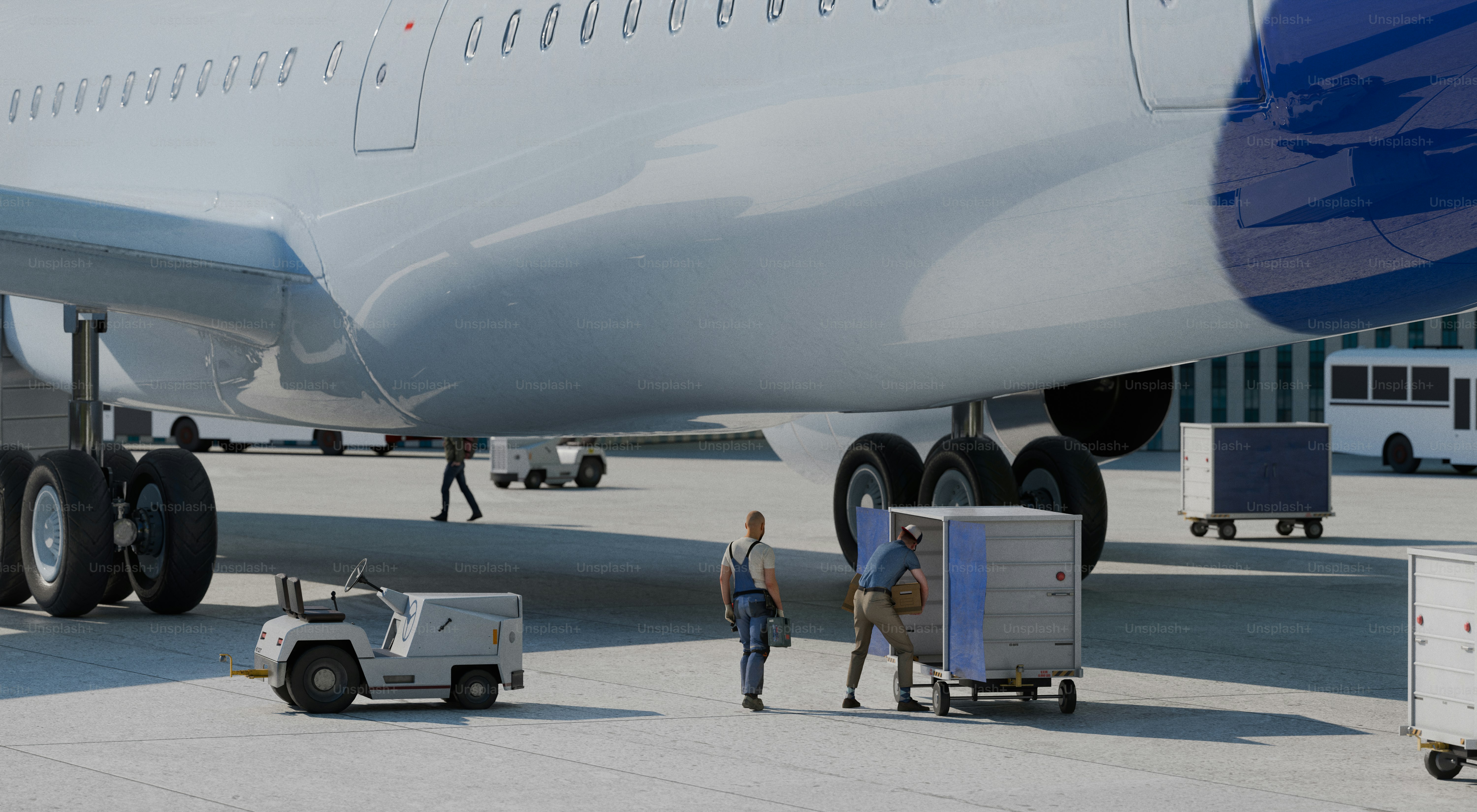 Airport ground crew in high-visibility vests directing a commercial aircraft on a taxiway