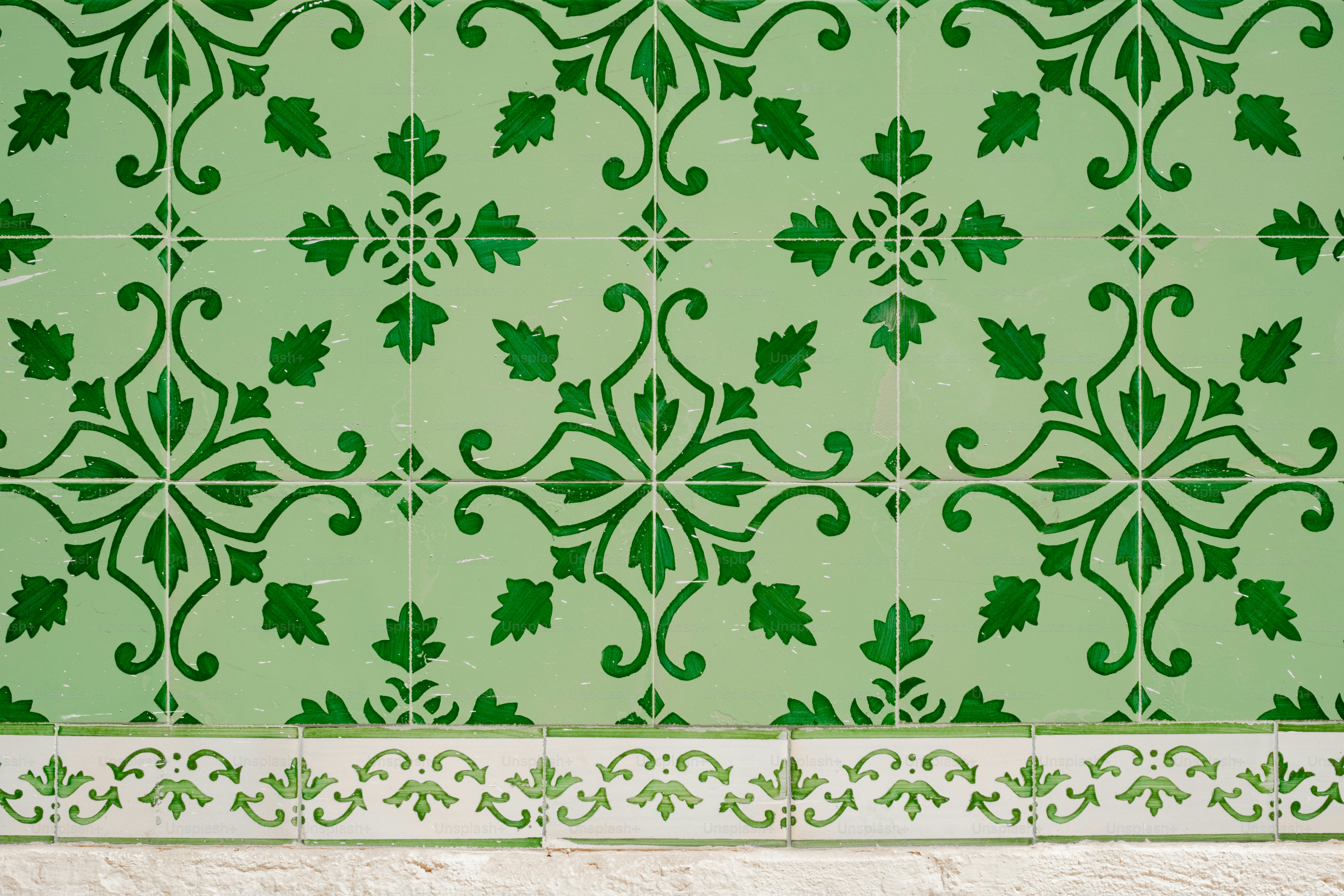 Green wallpaper with a repeating floral pattern