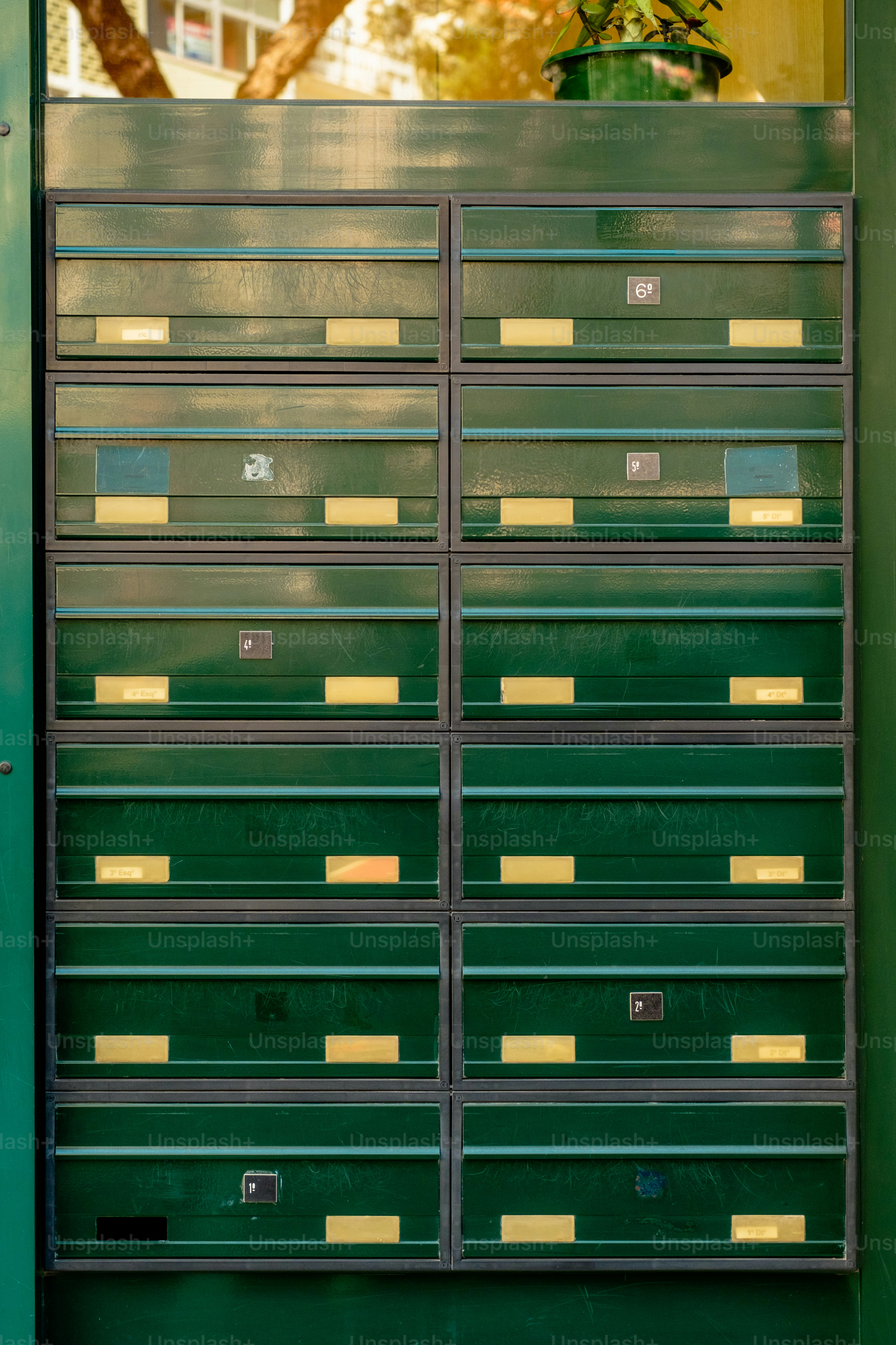 Rows of green mailboxes with yellow labels