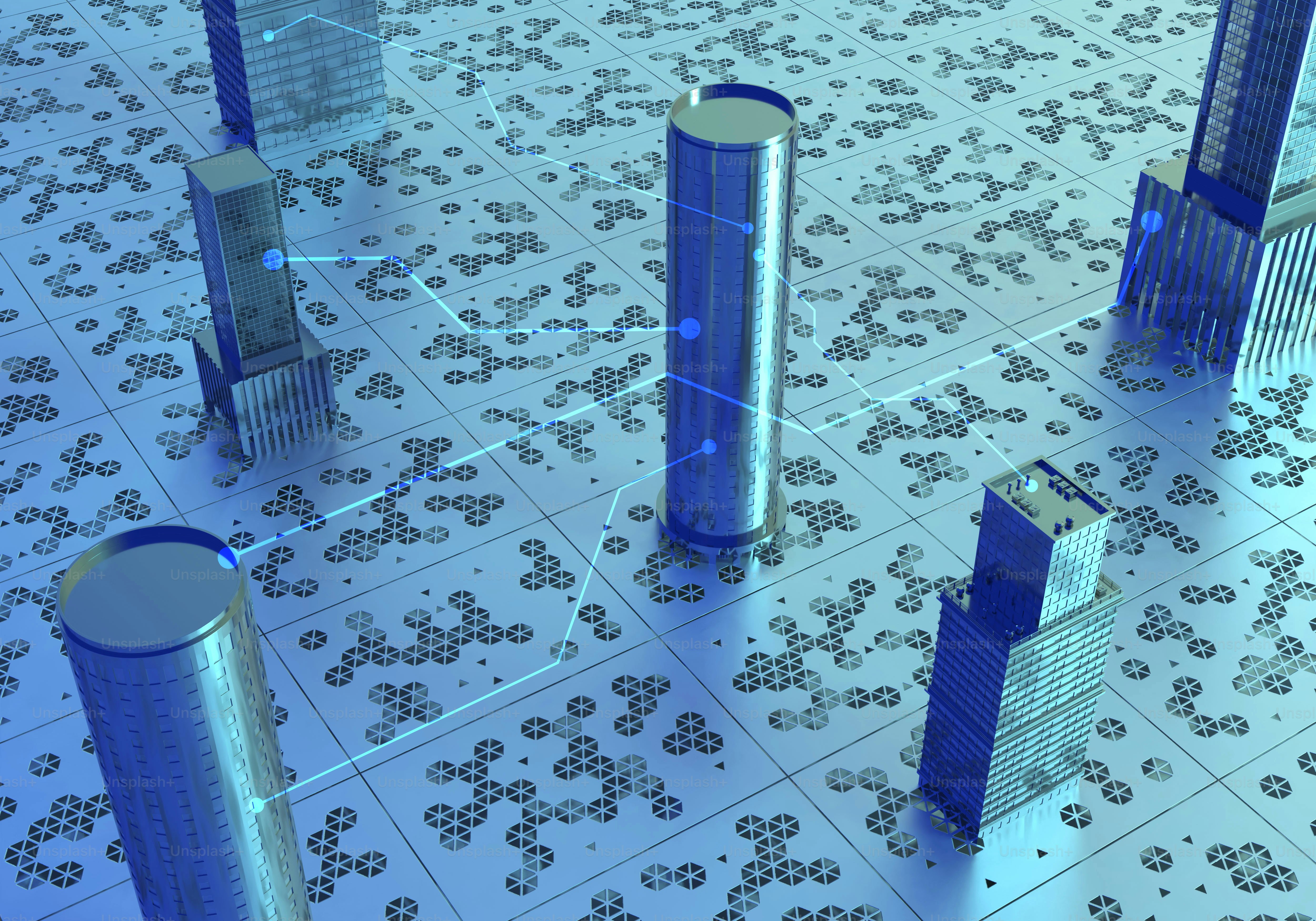 Paysage urbain numérique abstrait avec des formes géométriques connectées.