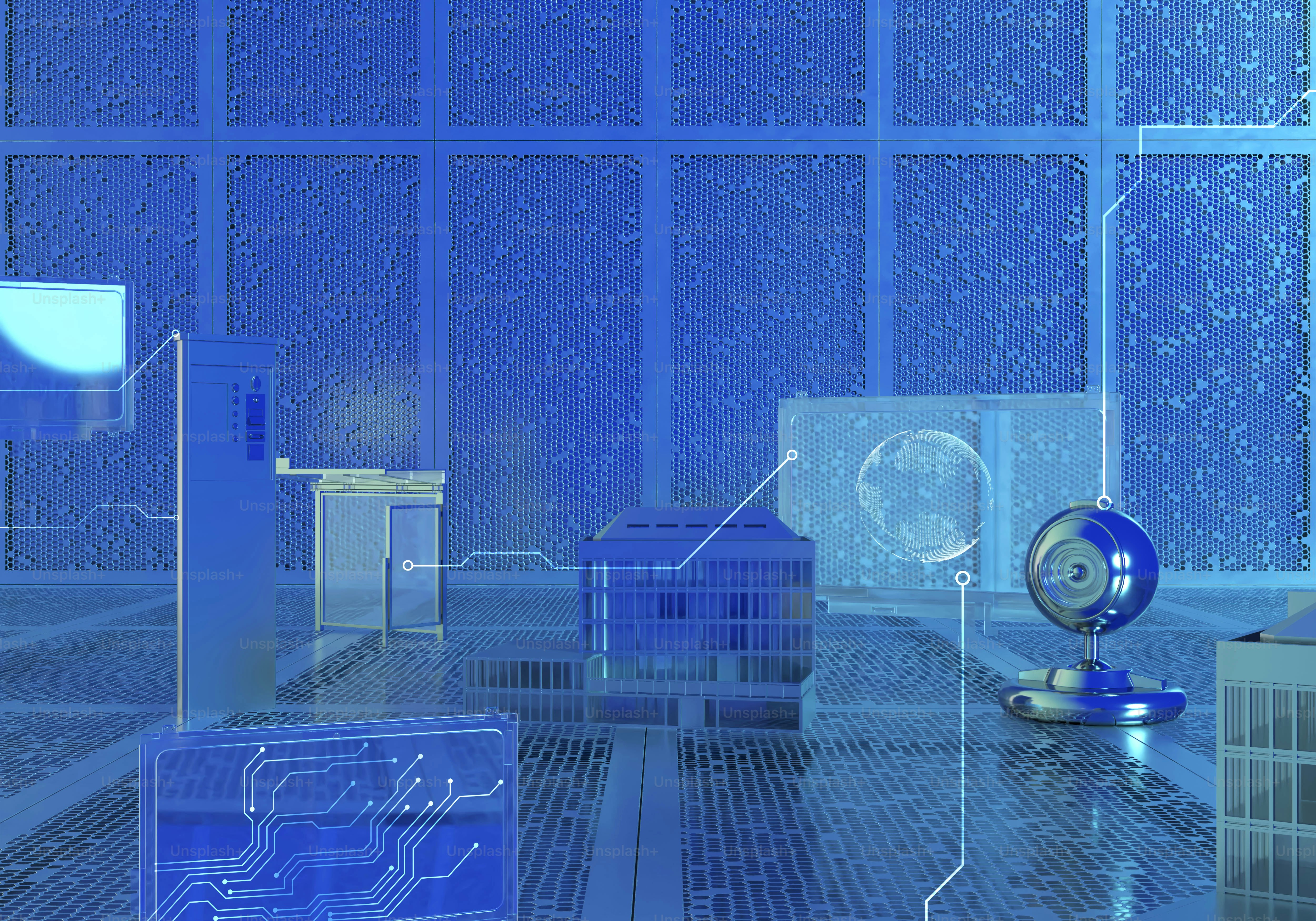 Futuristic blue digital city with circuit board elements.
