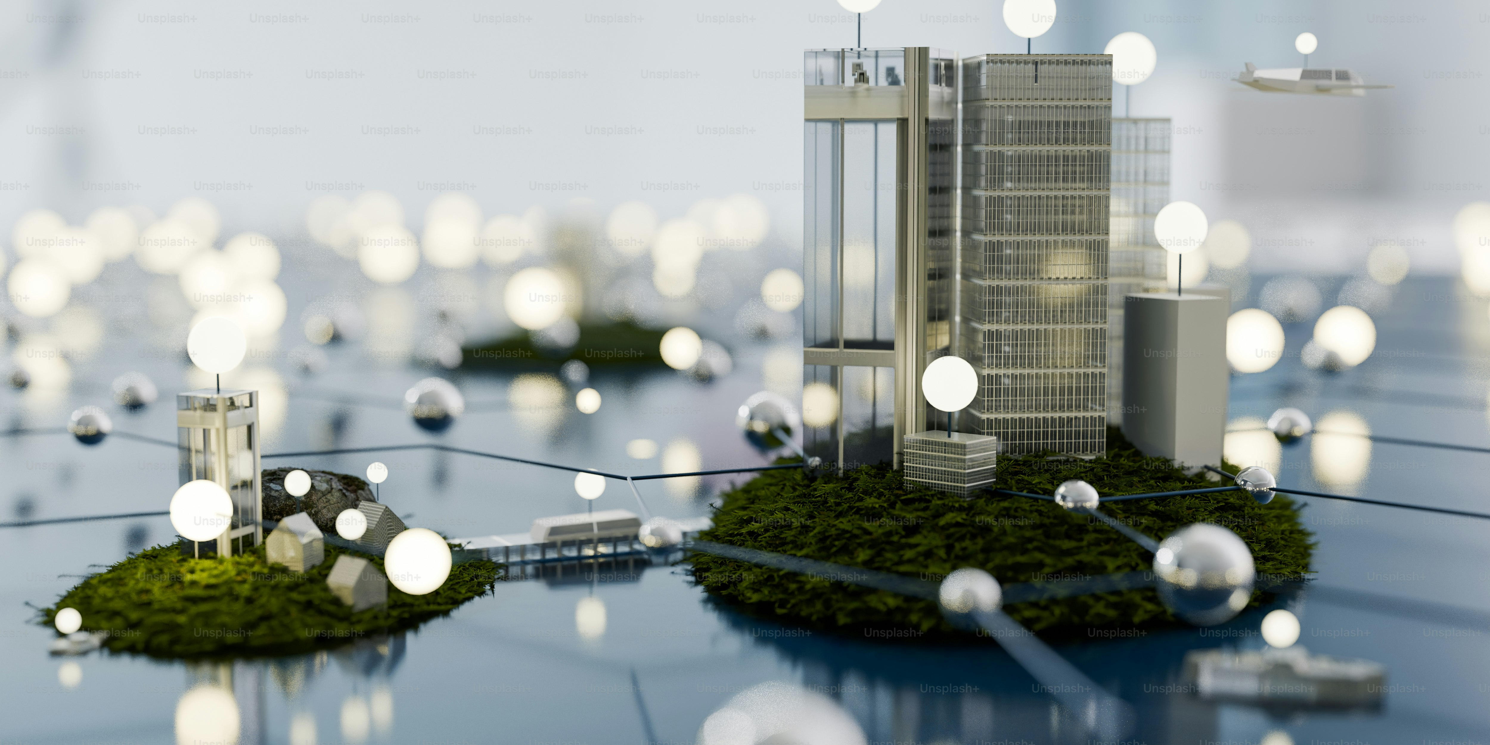 Modern buildings connected by glowing lights and spheres