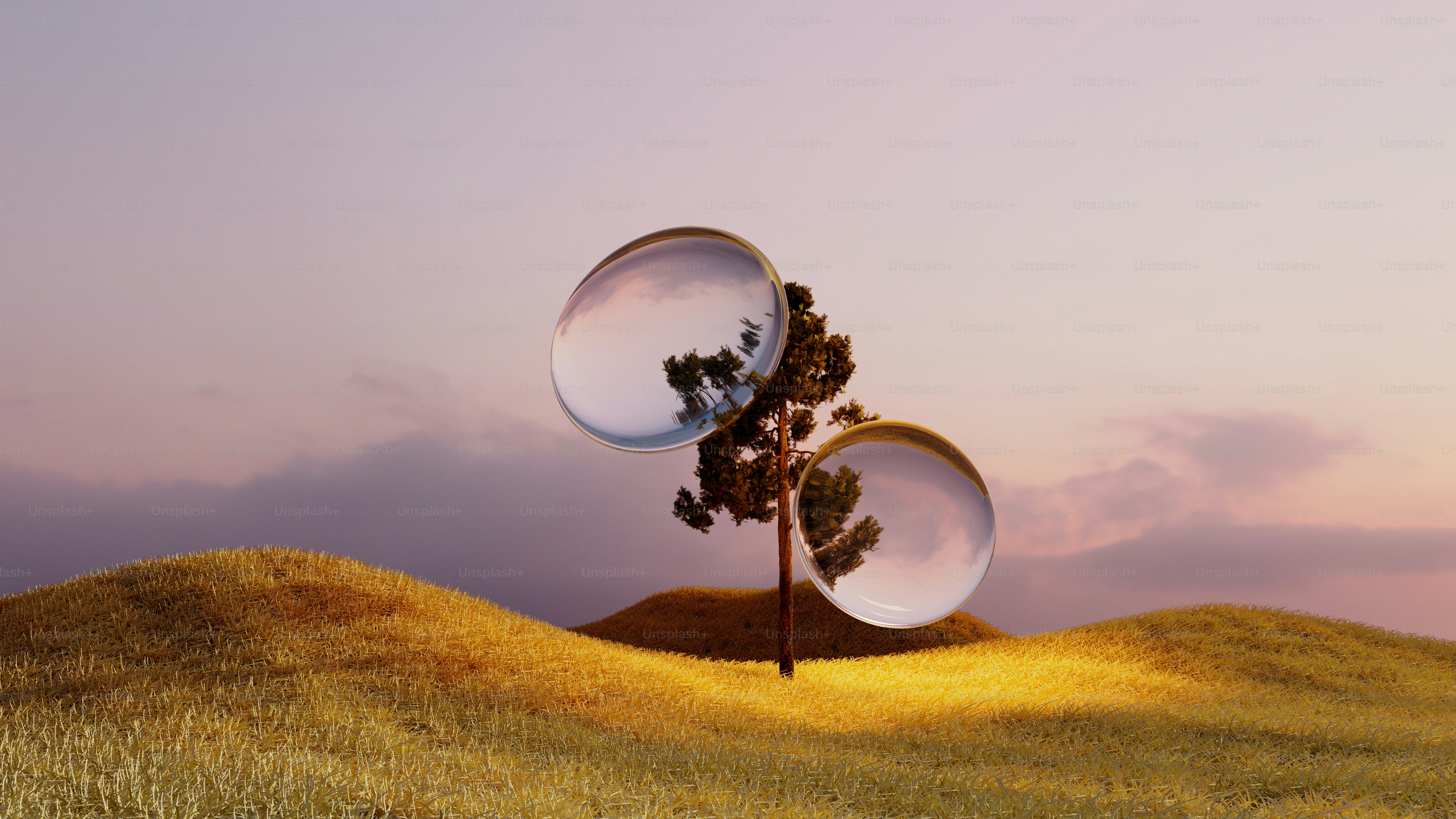Deux sphères de verre reflétant un paysage au coucher du soleil.