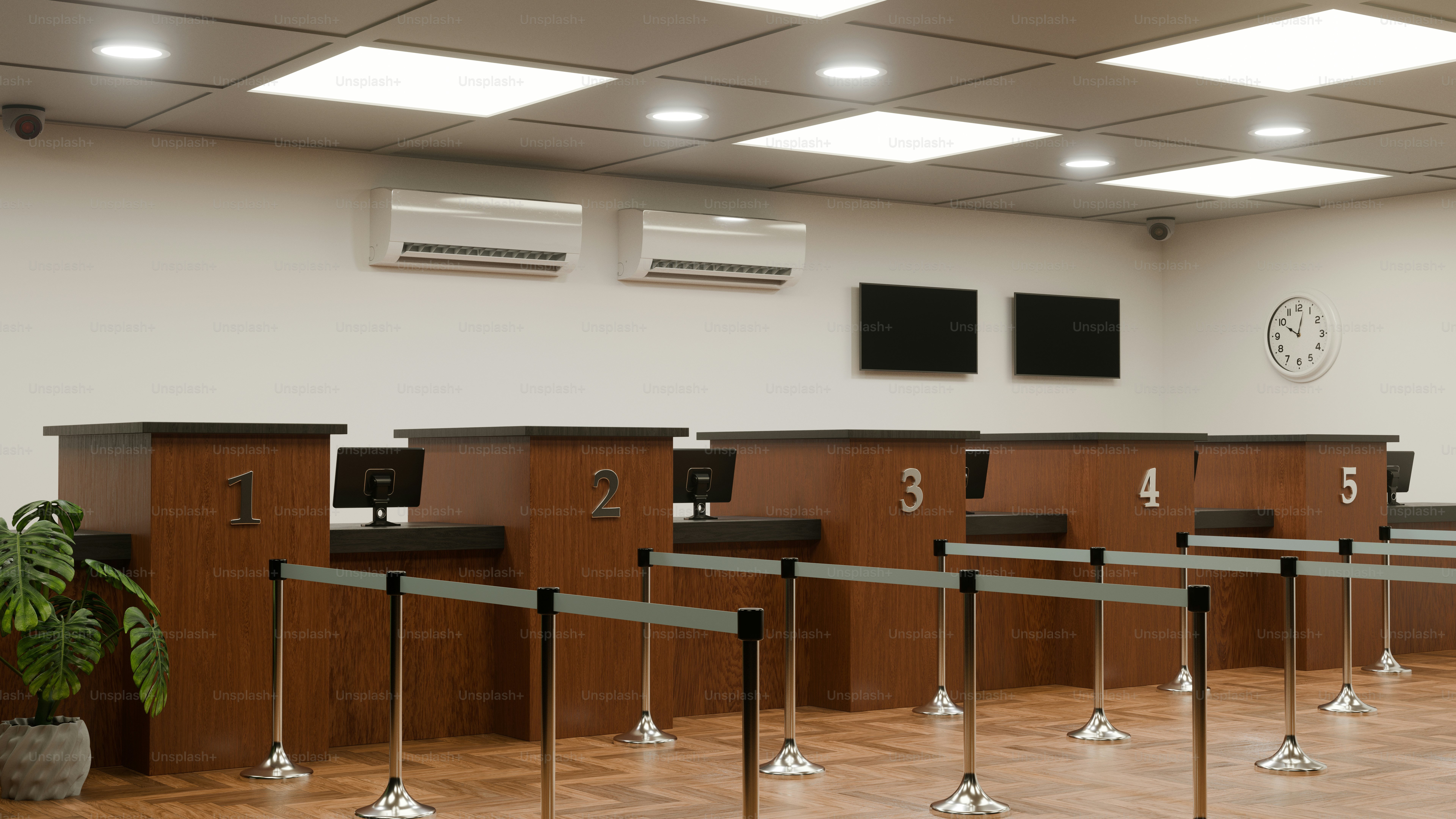 Empty bank teller counters with chairs
