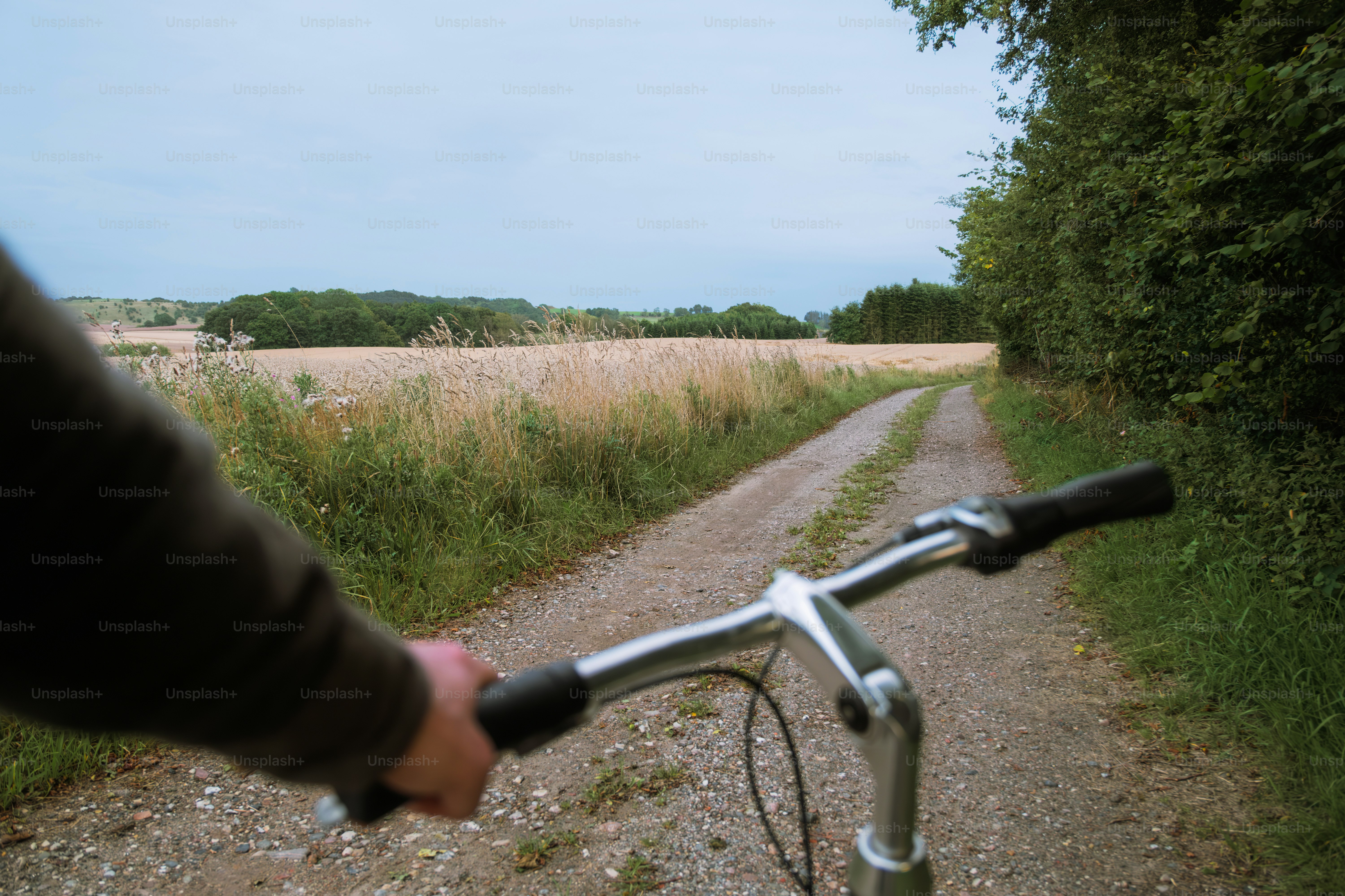 In sella a una bicicletta su un sentiero sterrato attraverso i campi.