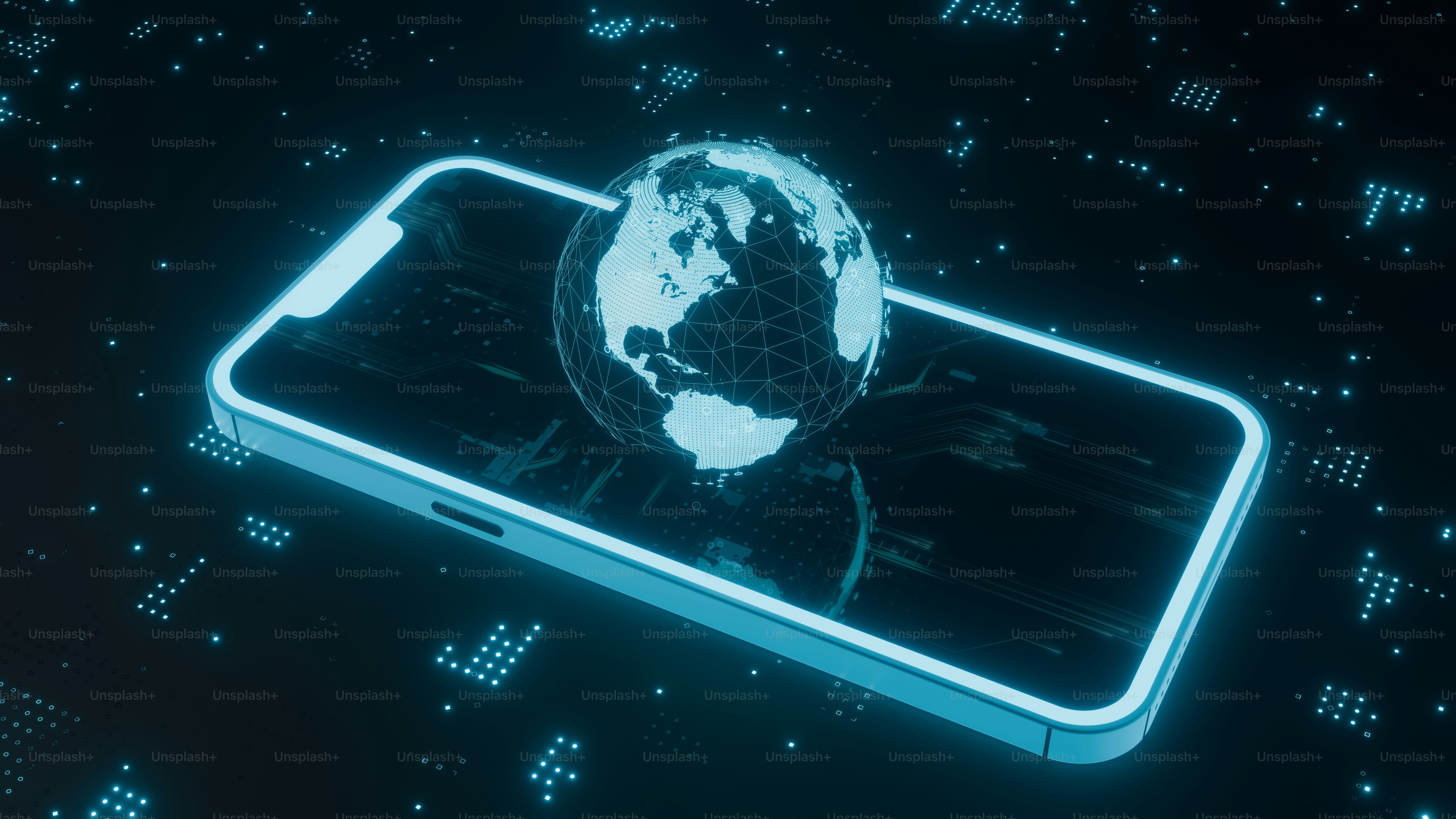 Smartphone displaying a glowing globe with digital connections.