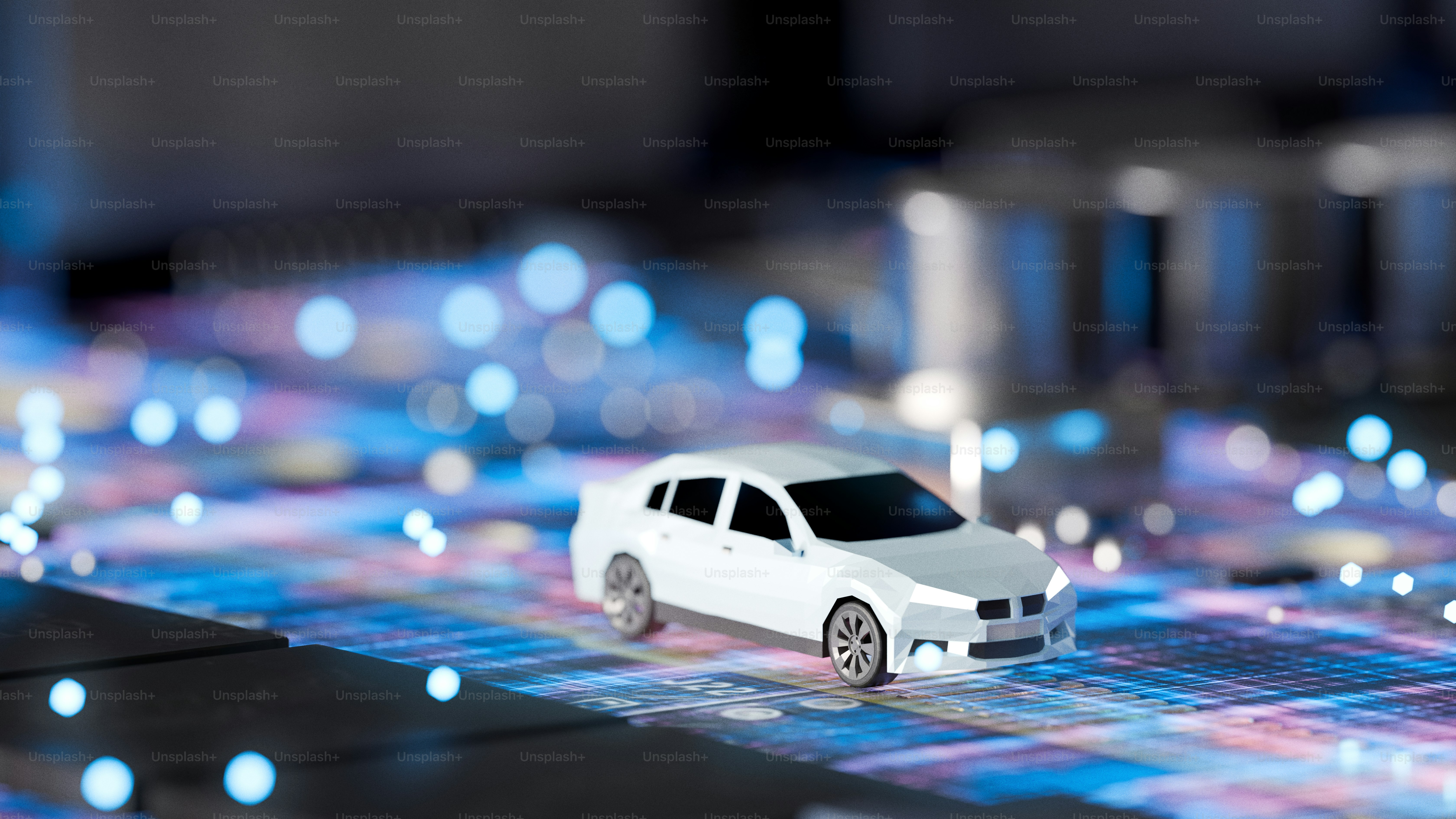 White suv driving on a road with glowing lights