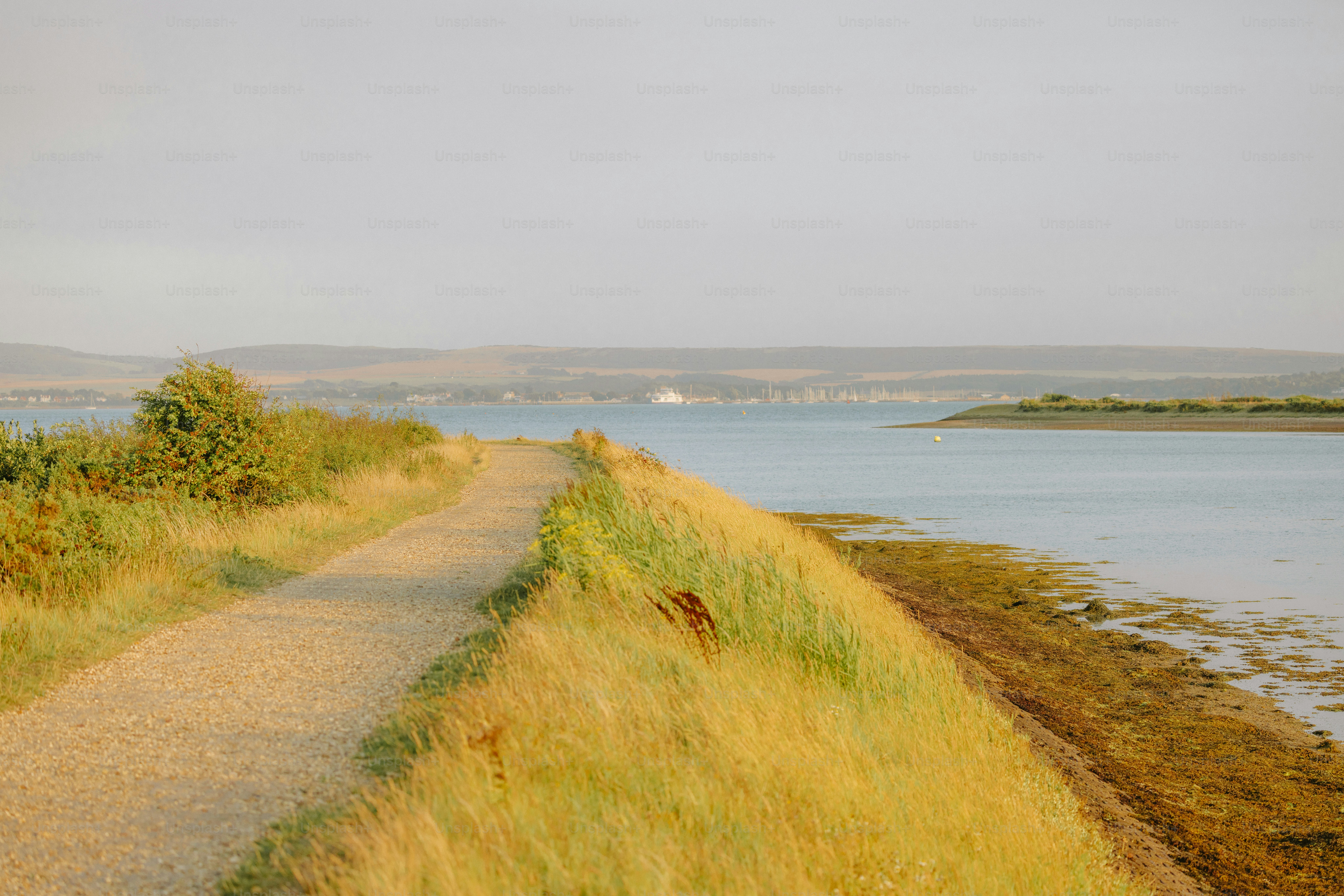 Coastal path with calm water and distant sailboat