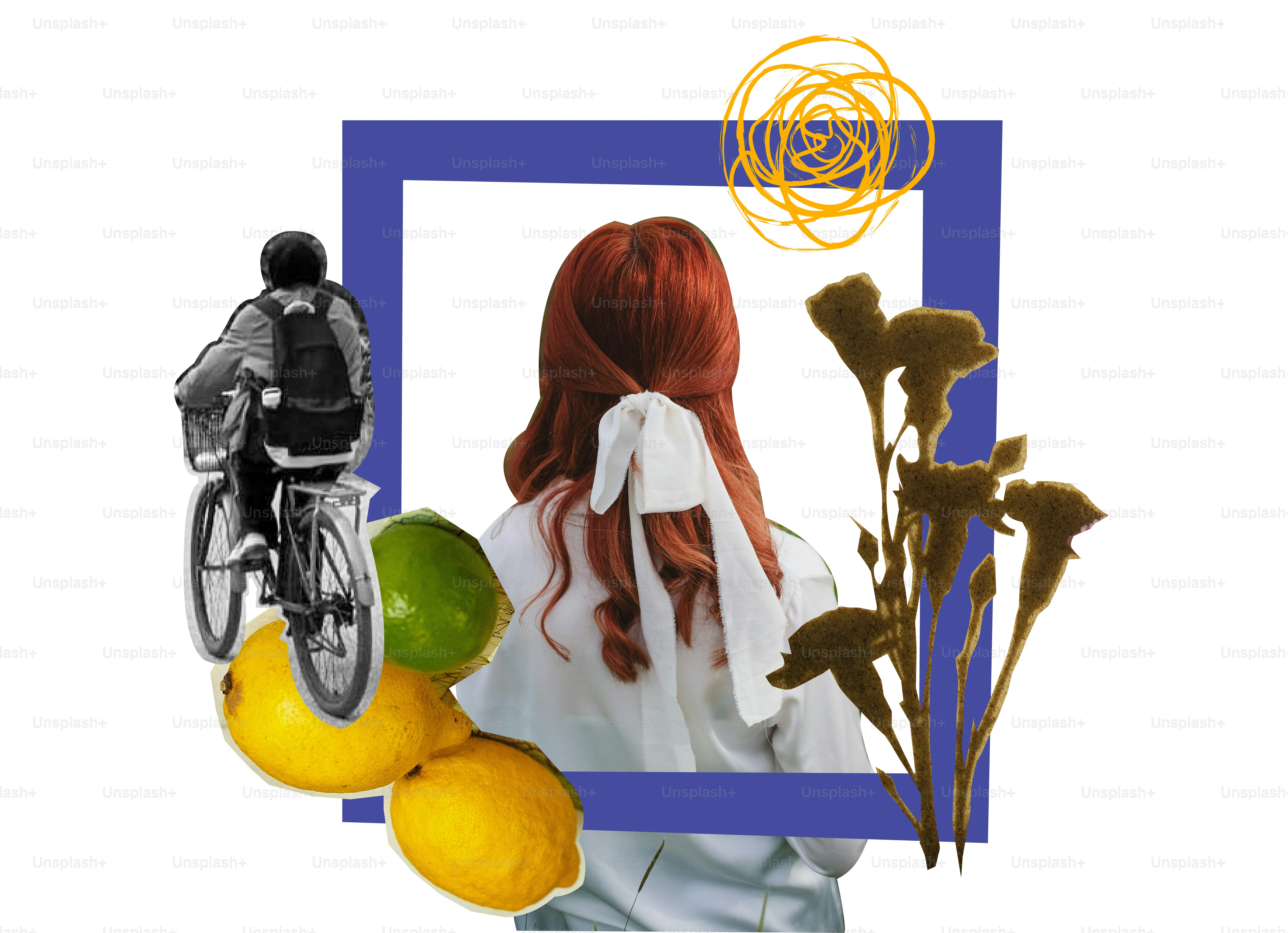 Femme aux cheveux roux et vélo avec des fruits