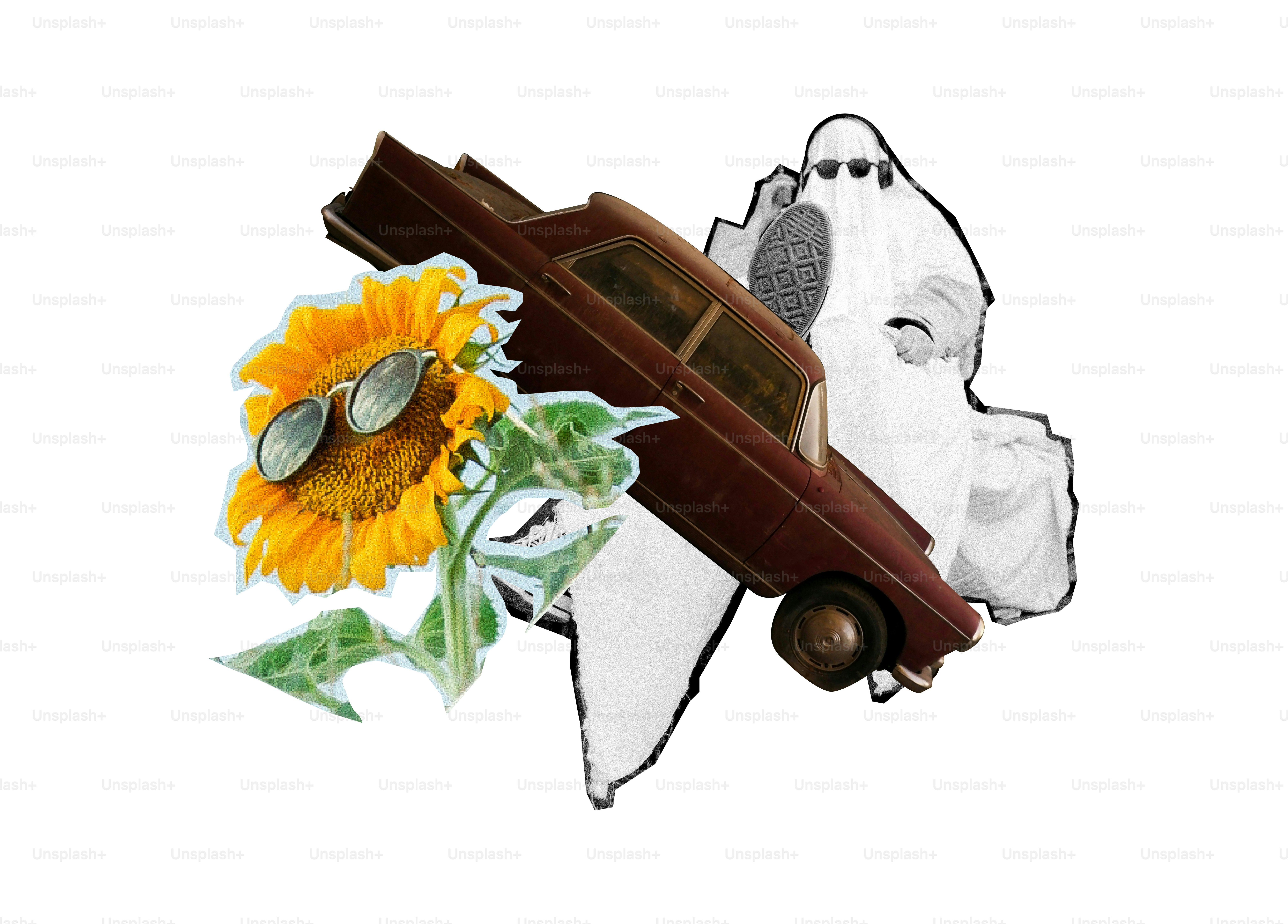 Ghost, car, and sunflower with sunglasses
