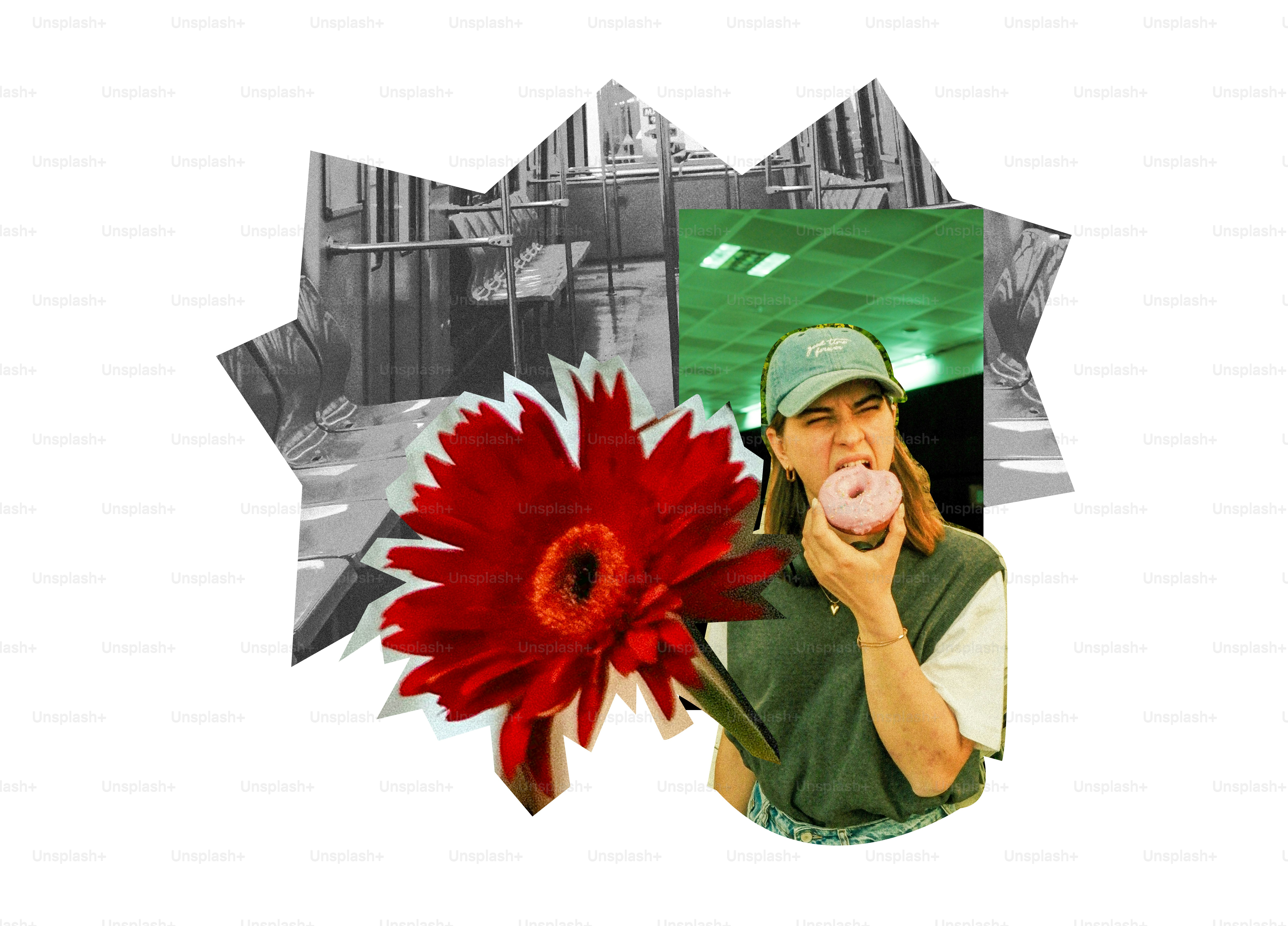 Woman eating donut near red flower and abstract background