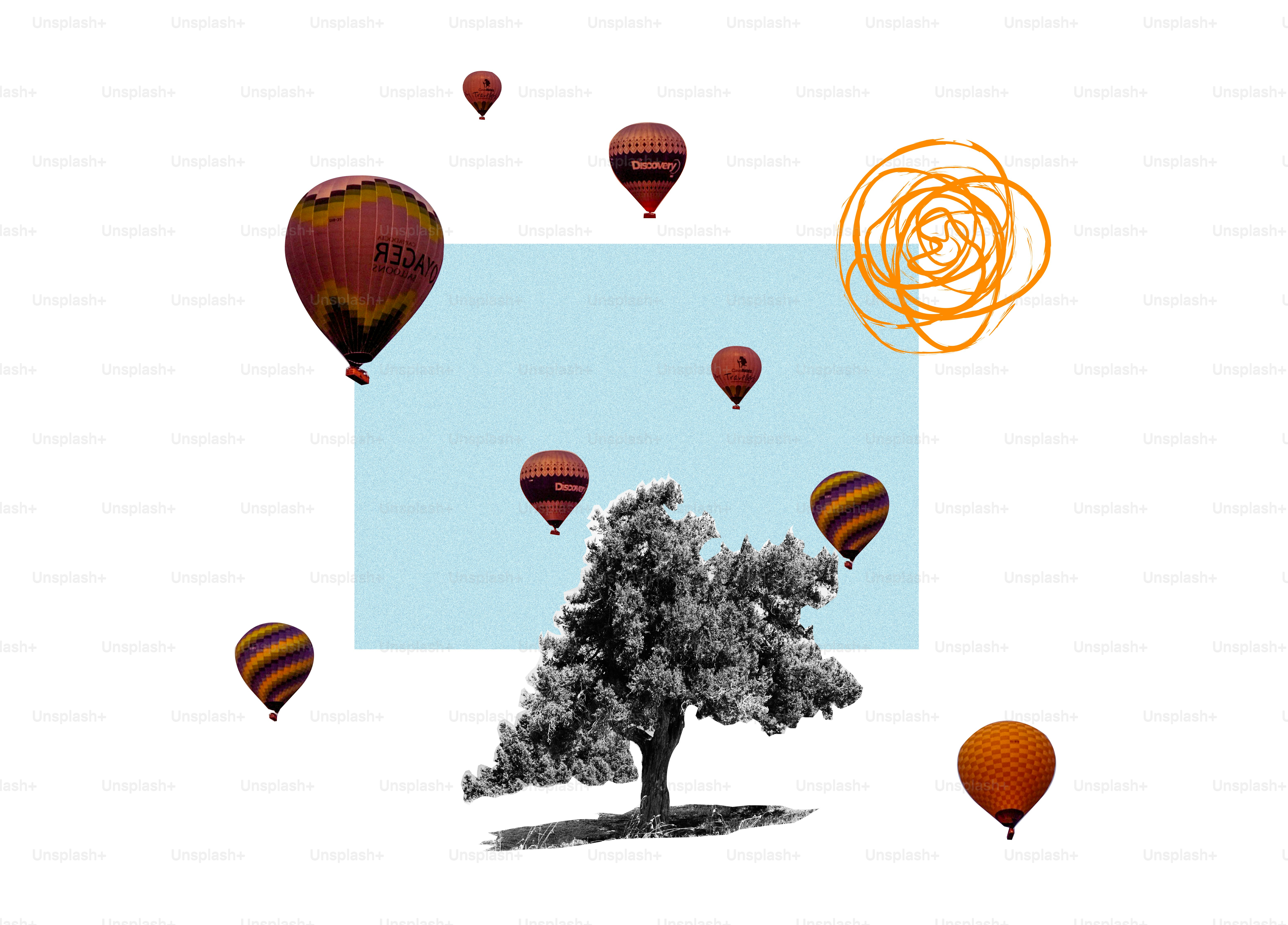 Hot air balloons float around a tree and sky
