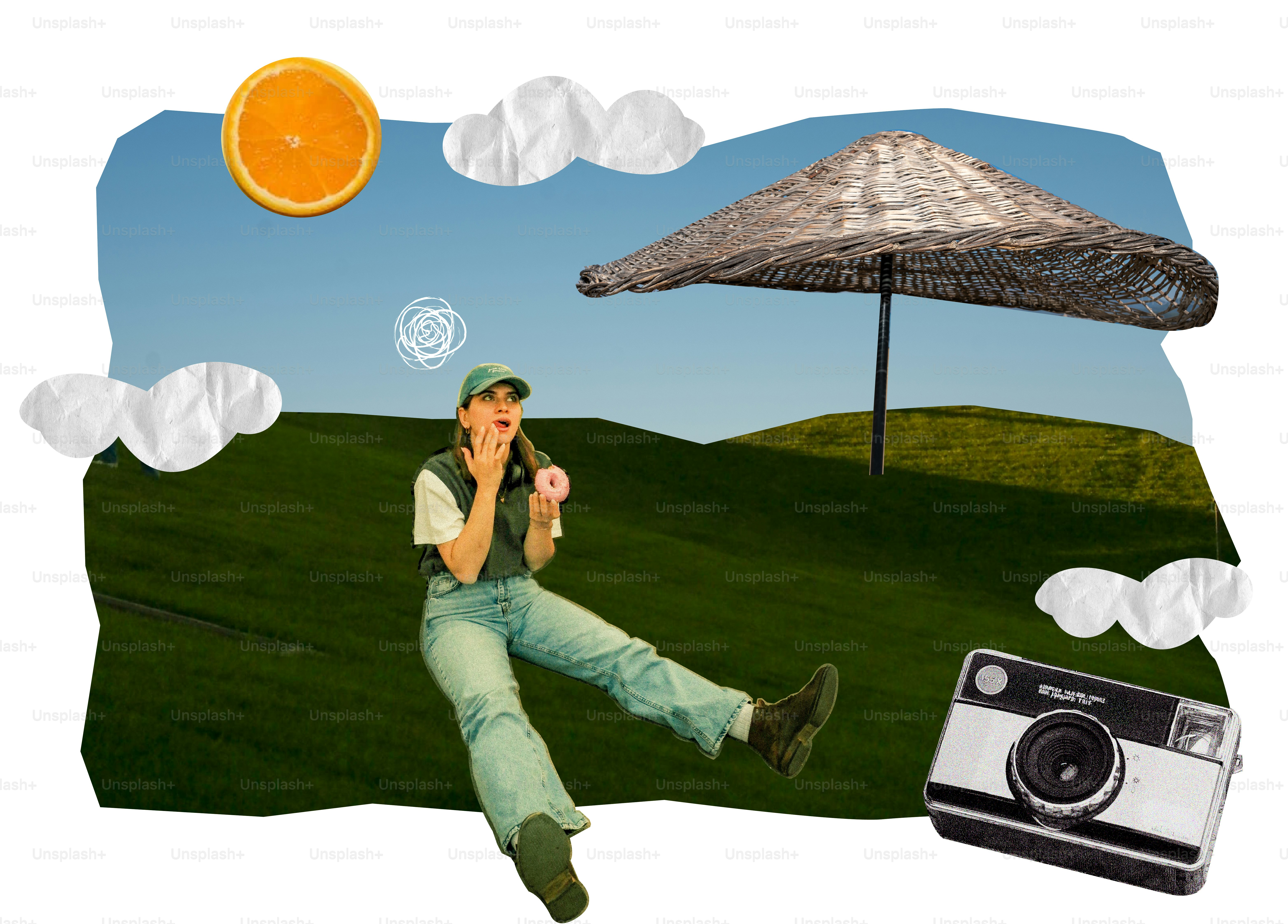 Woman eating donut under umbrella on grassy hill