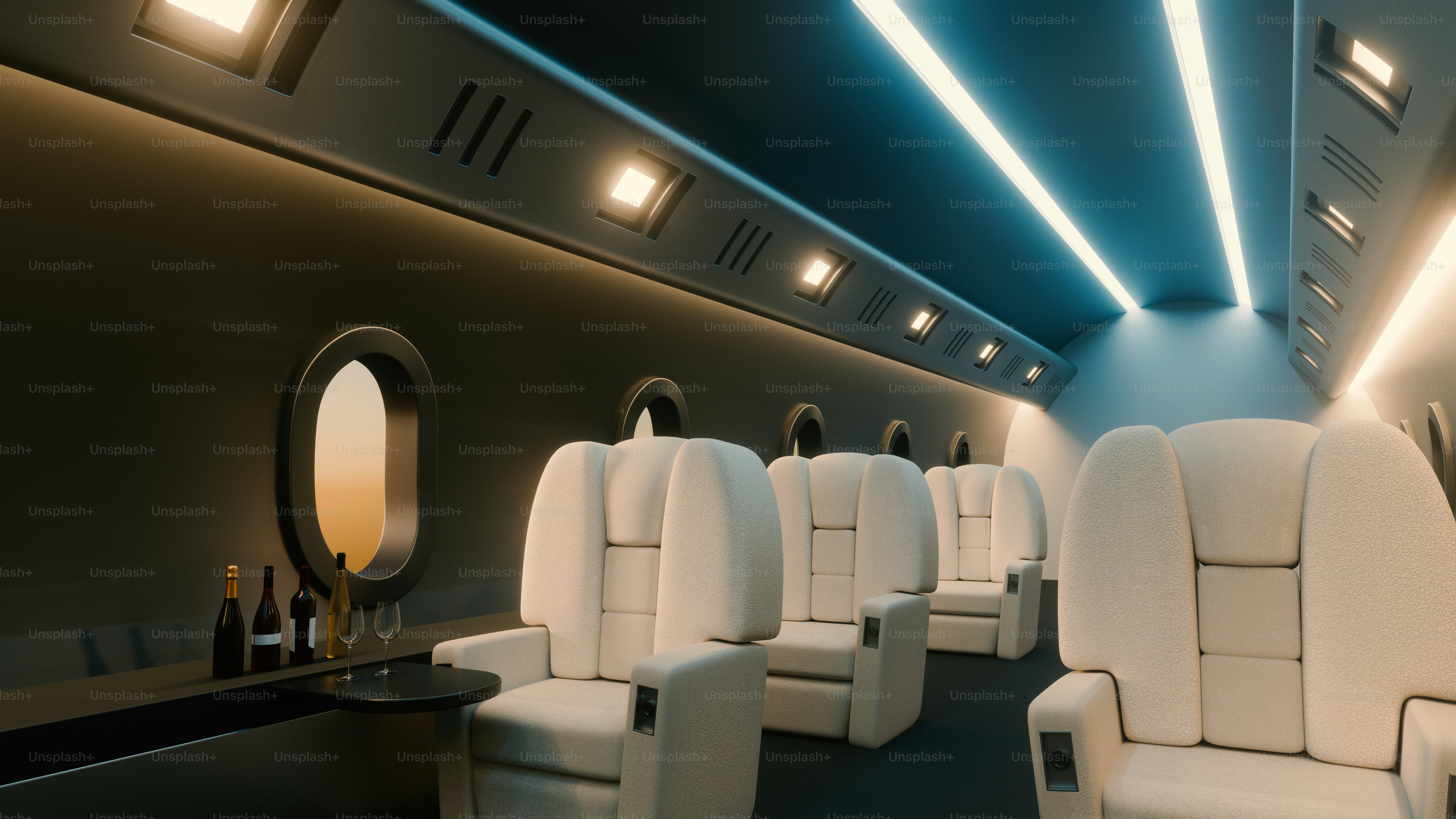 Luxurious private jet cabin with plush seating
