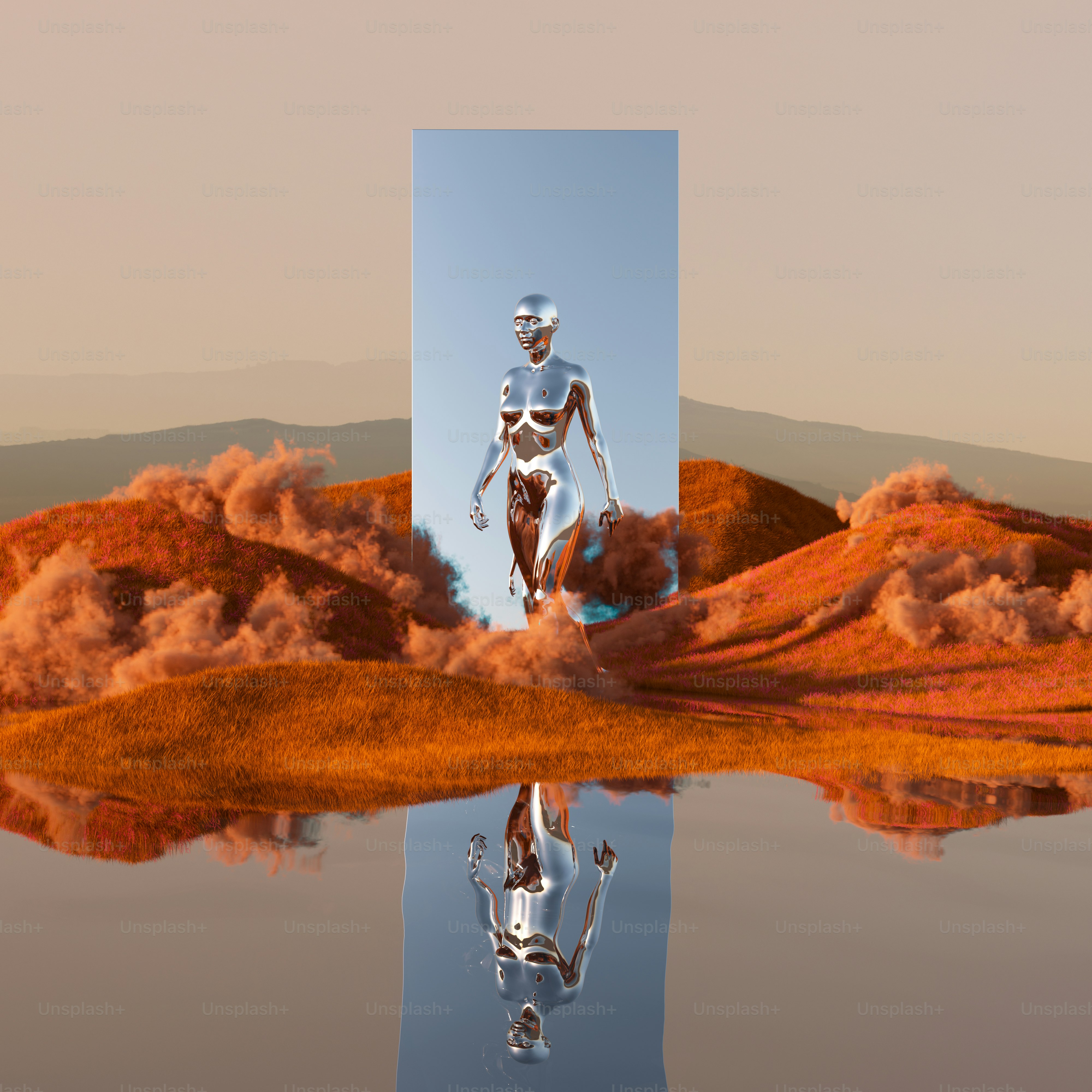 シュールな風景の中で水に映るロボット