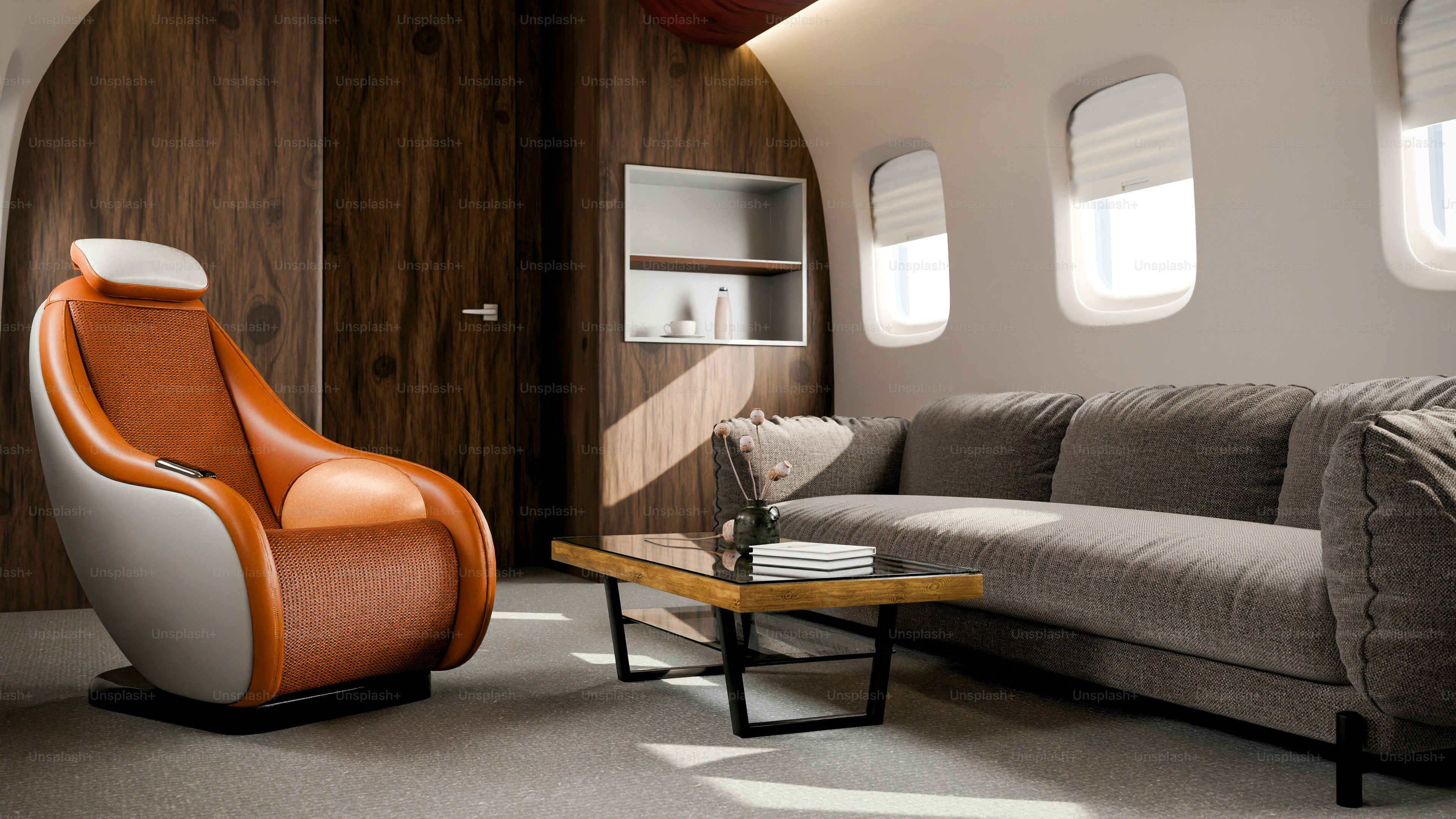 Lussuosa cabina dell'aereo con comodi posti a sedere e finestrini.