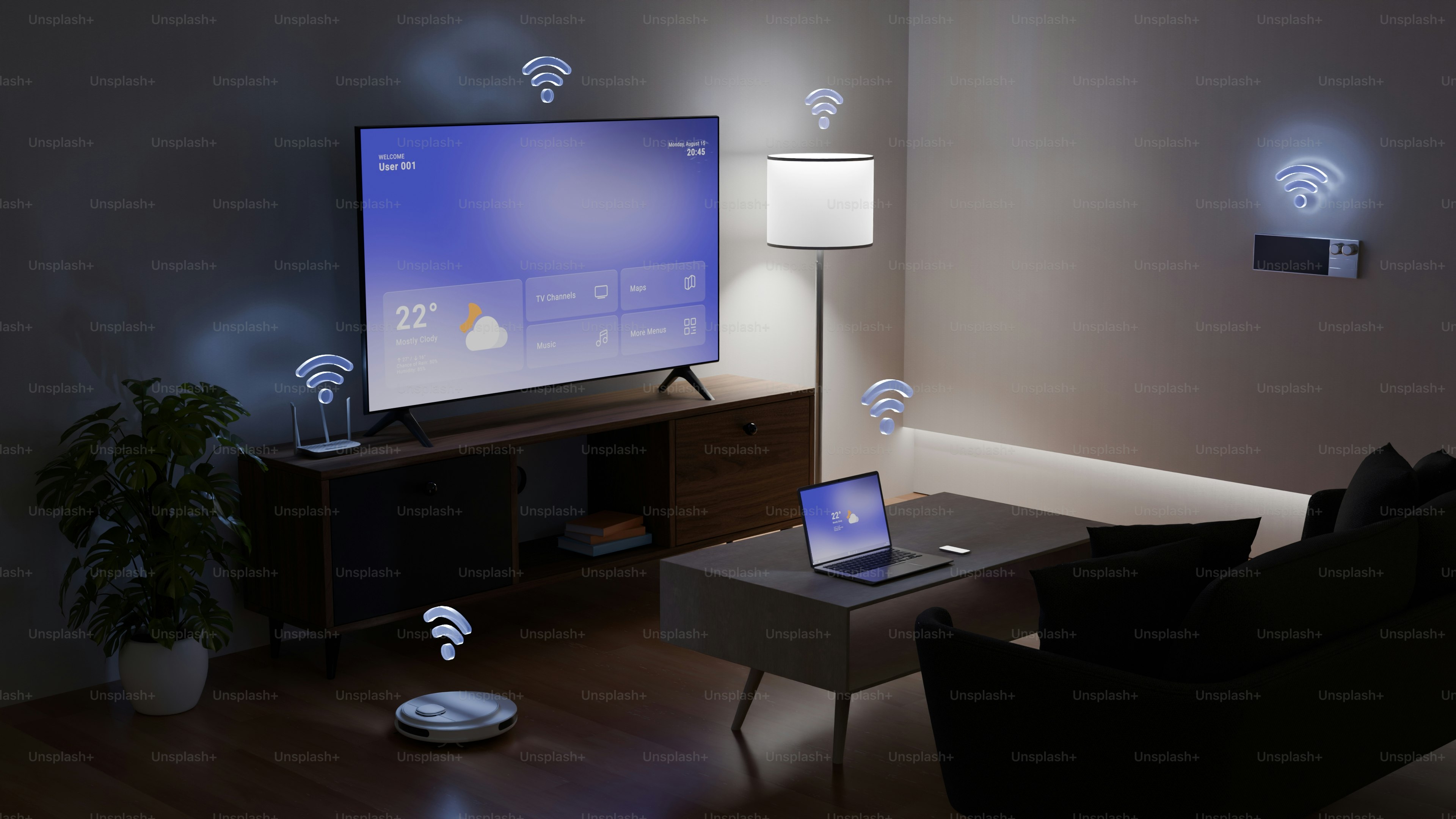 モダンなリビングルームに接続されたスマートホームデバイス