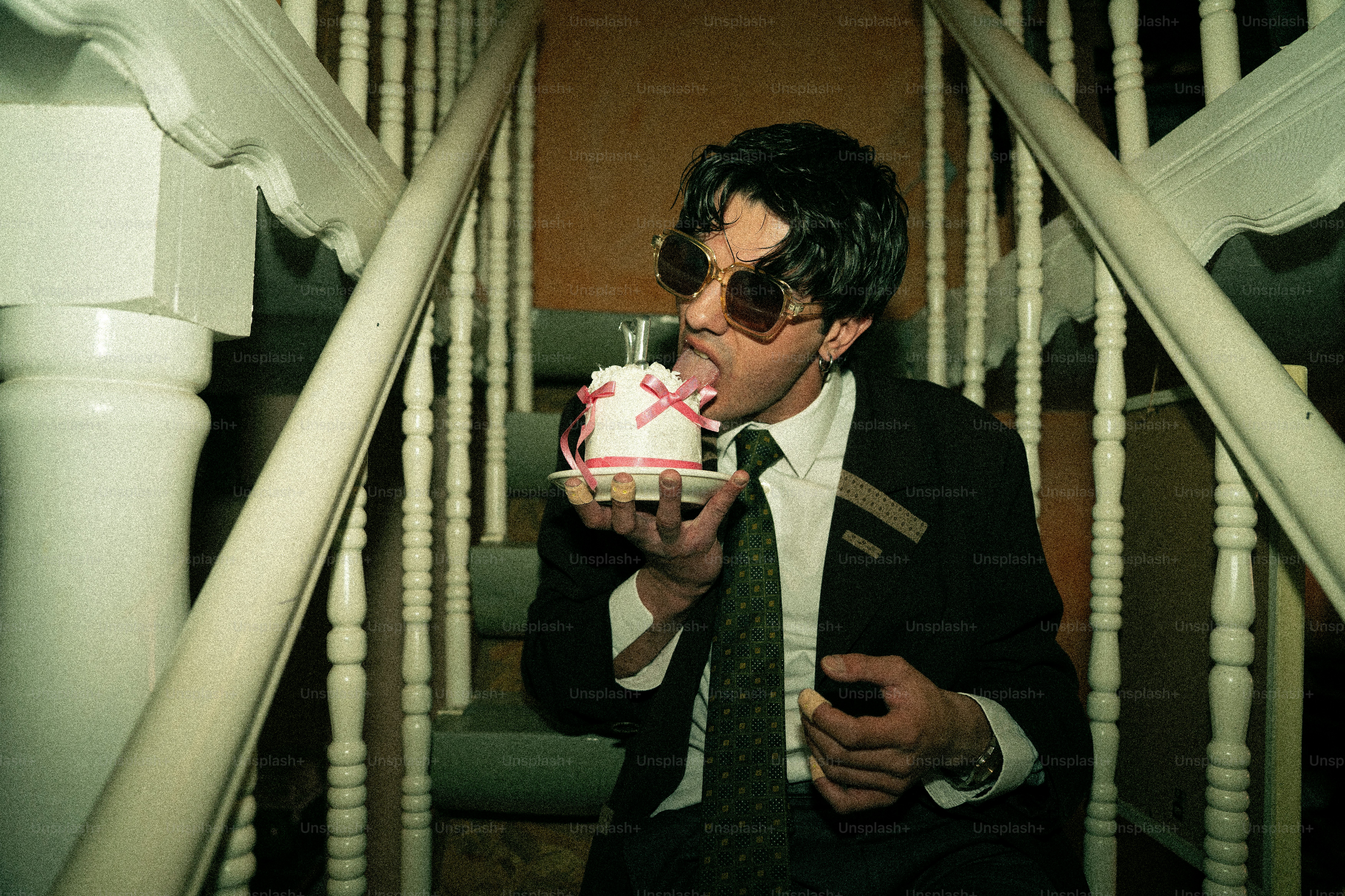 Man in suit eating small cake on stairs