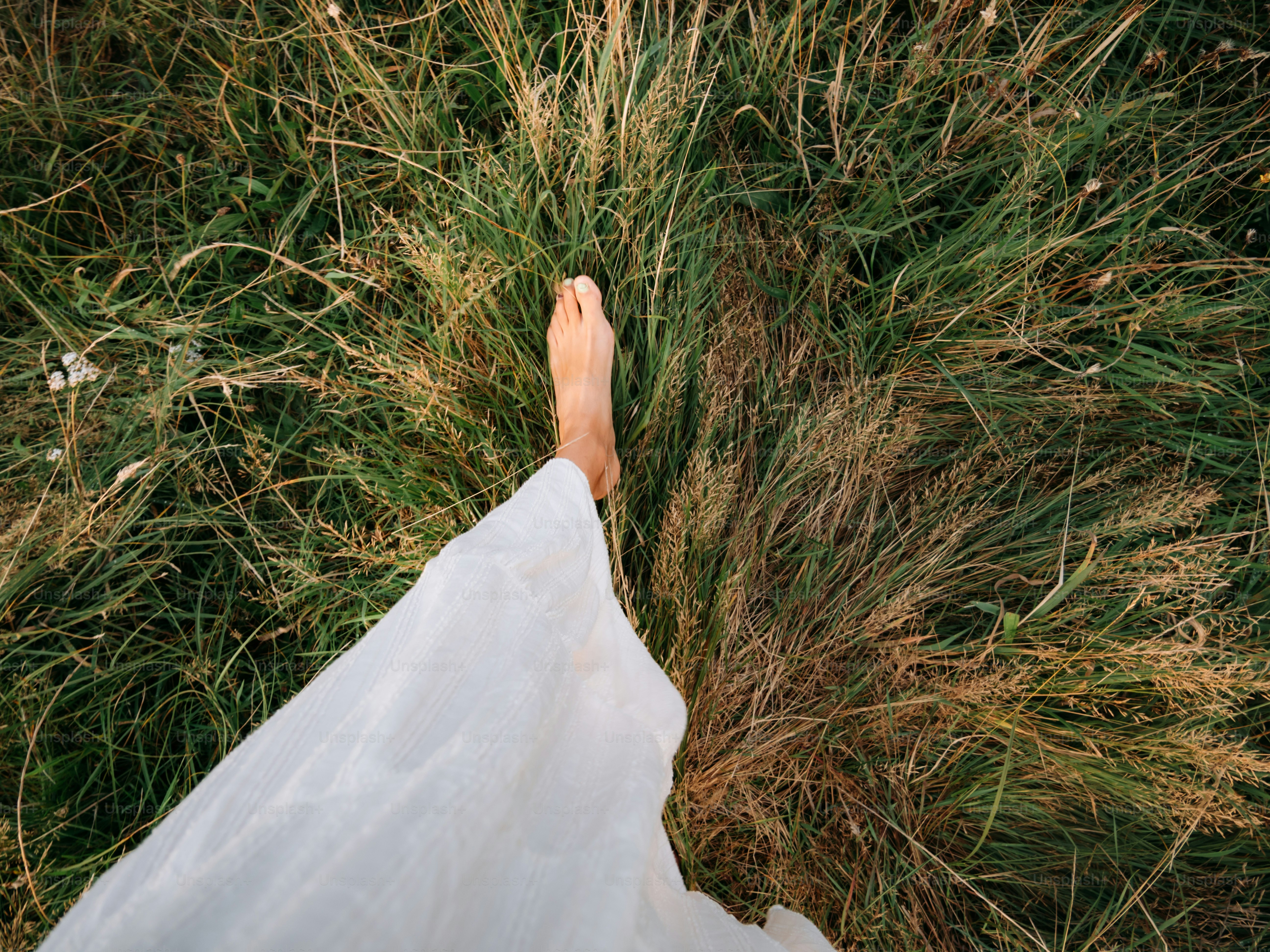 Bare foot walking through tall grass