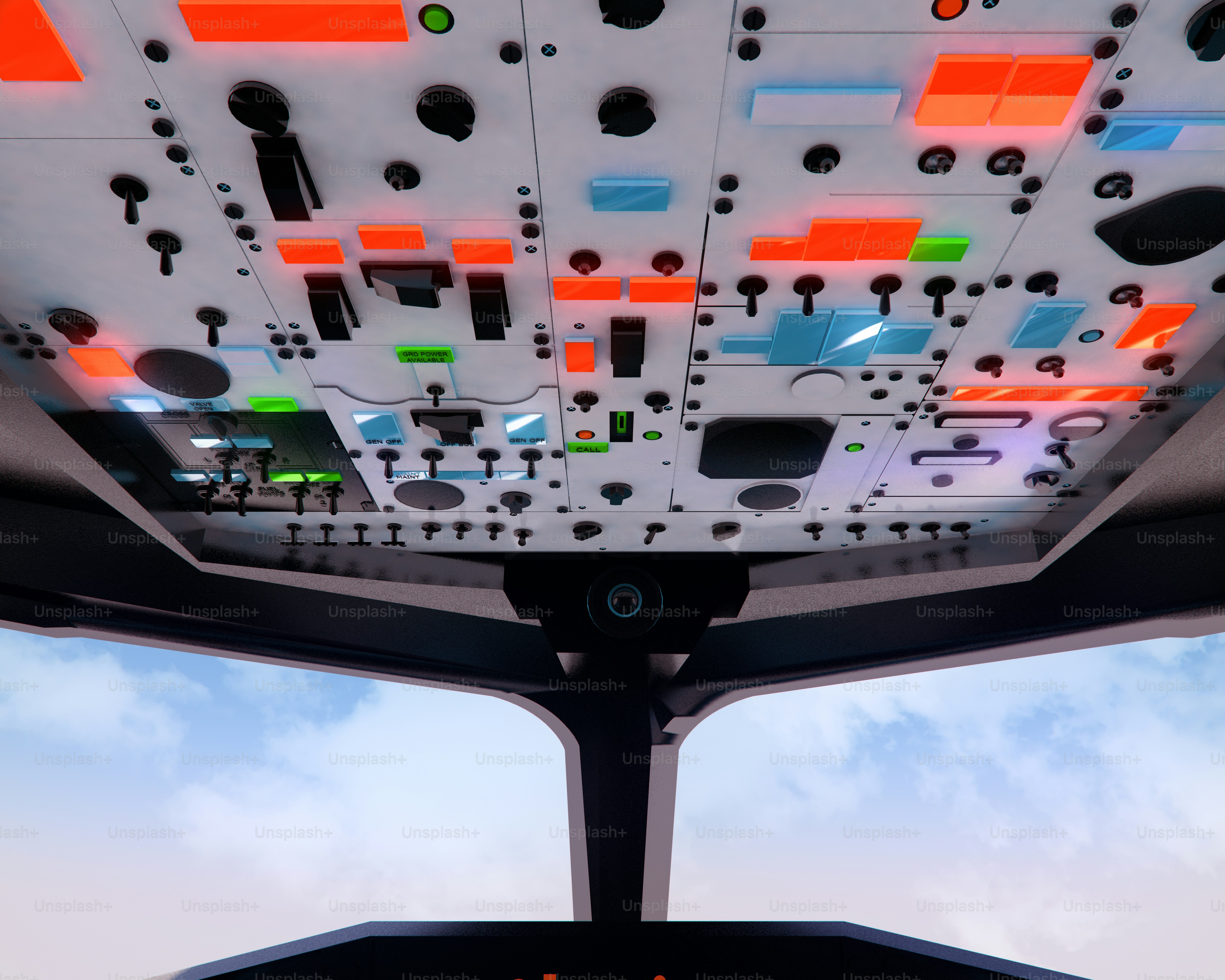 Painel aéreo do cockpit do avião com luzes coloridas.