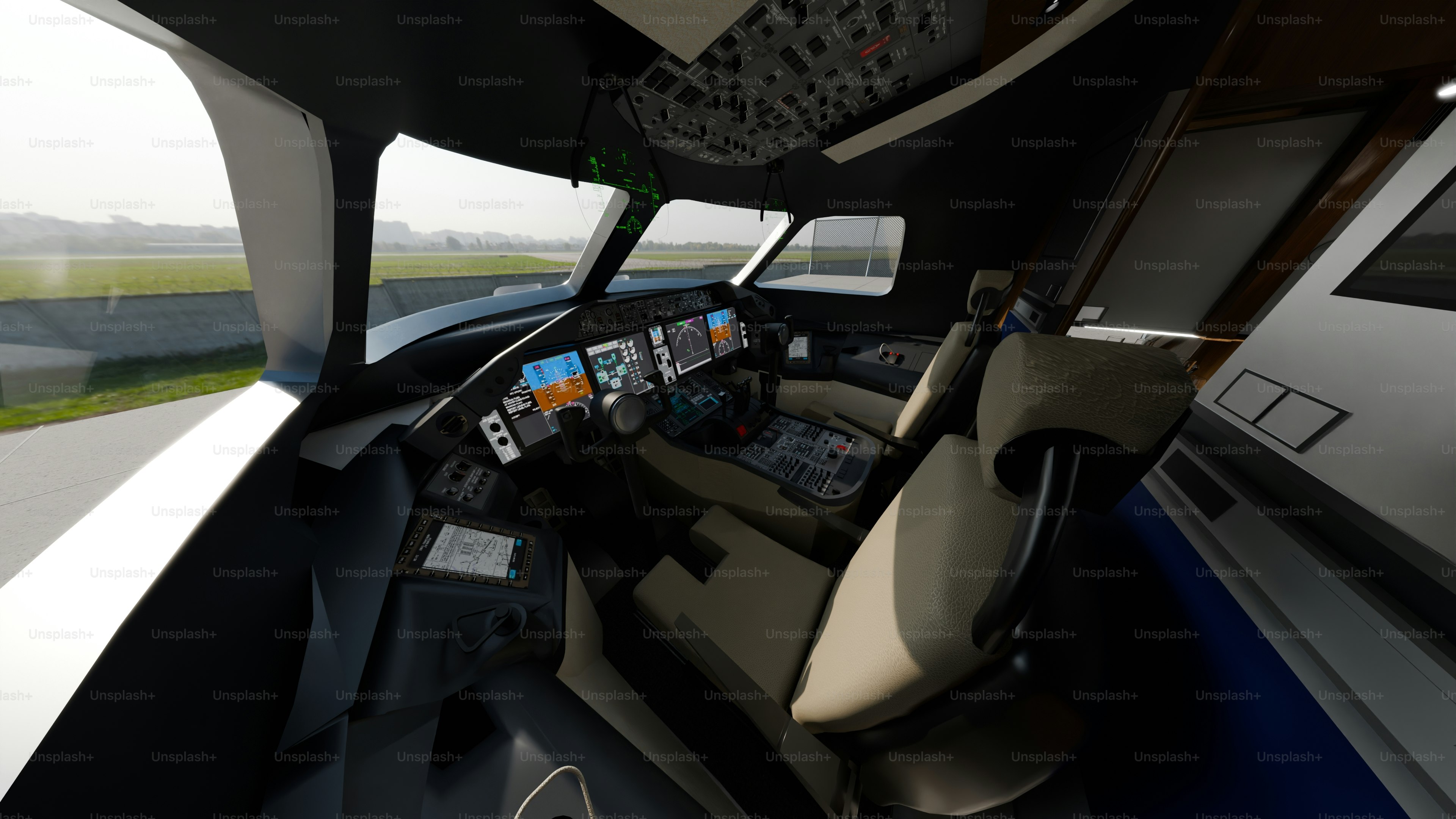 Modern airplane cockpit with multiple screens and seats.