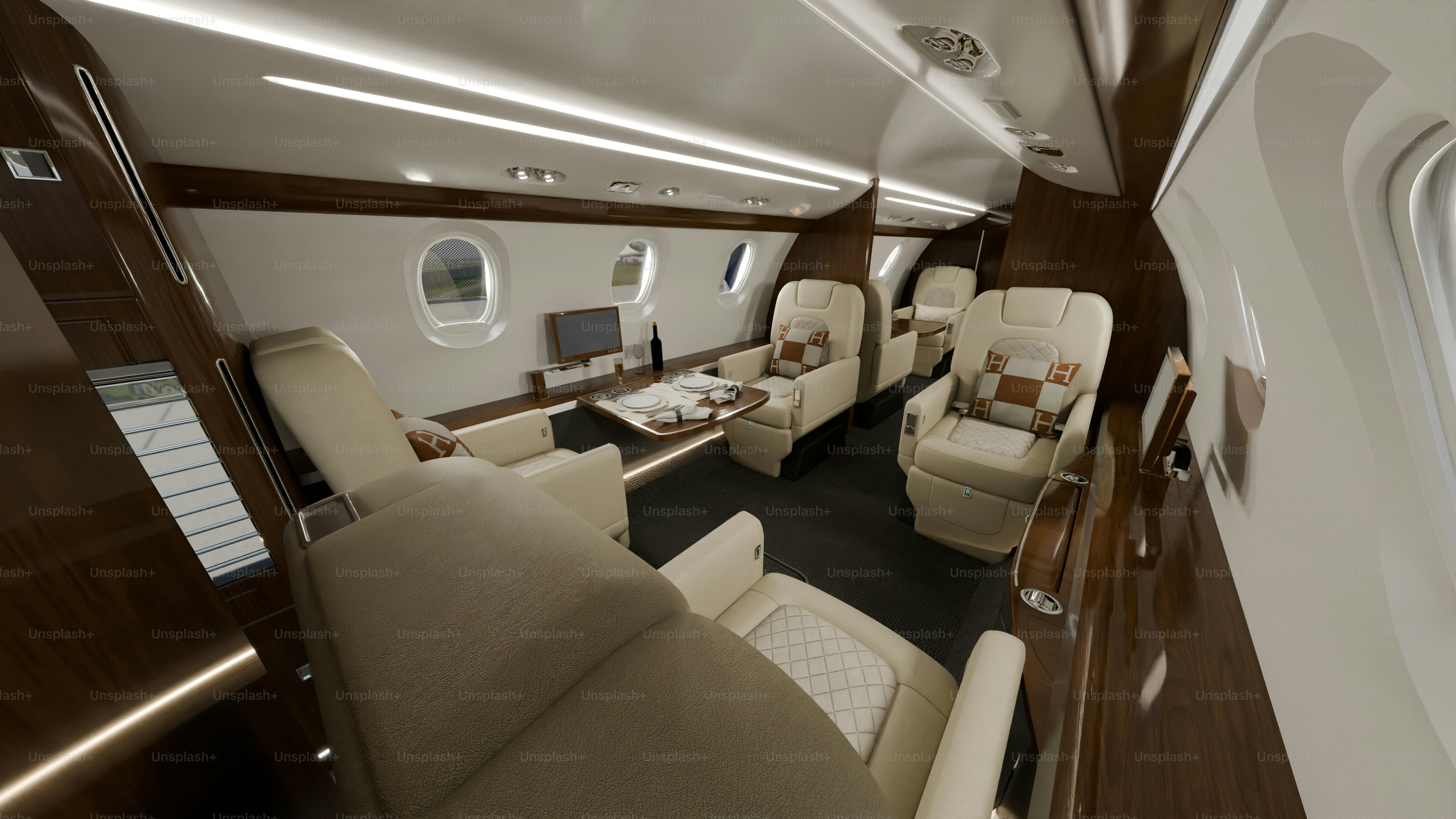 Luxurious private jet interior with plush seating