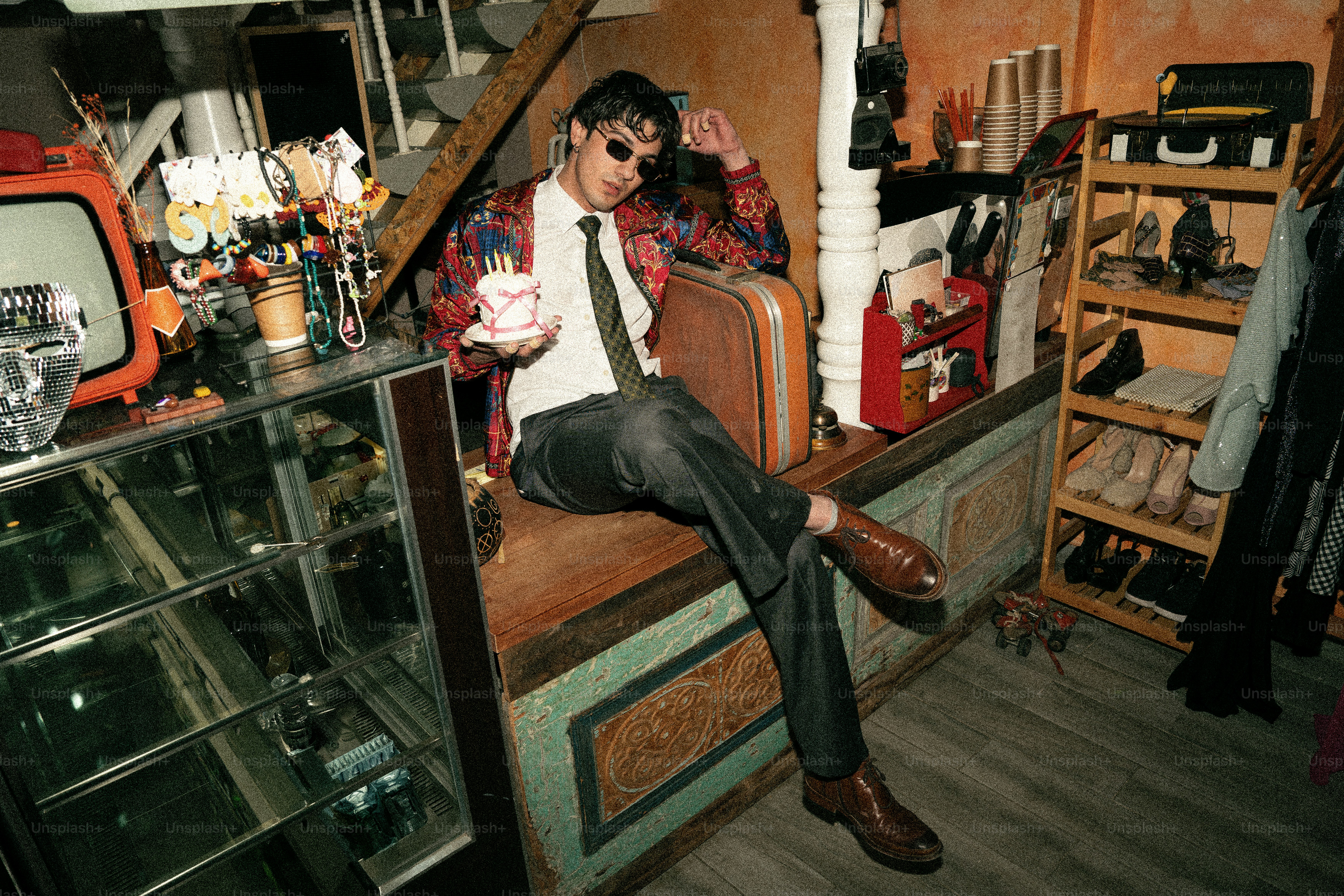 Man in colorful jacket holds teacup while sitting