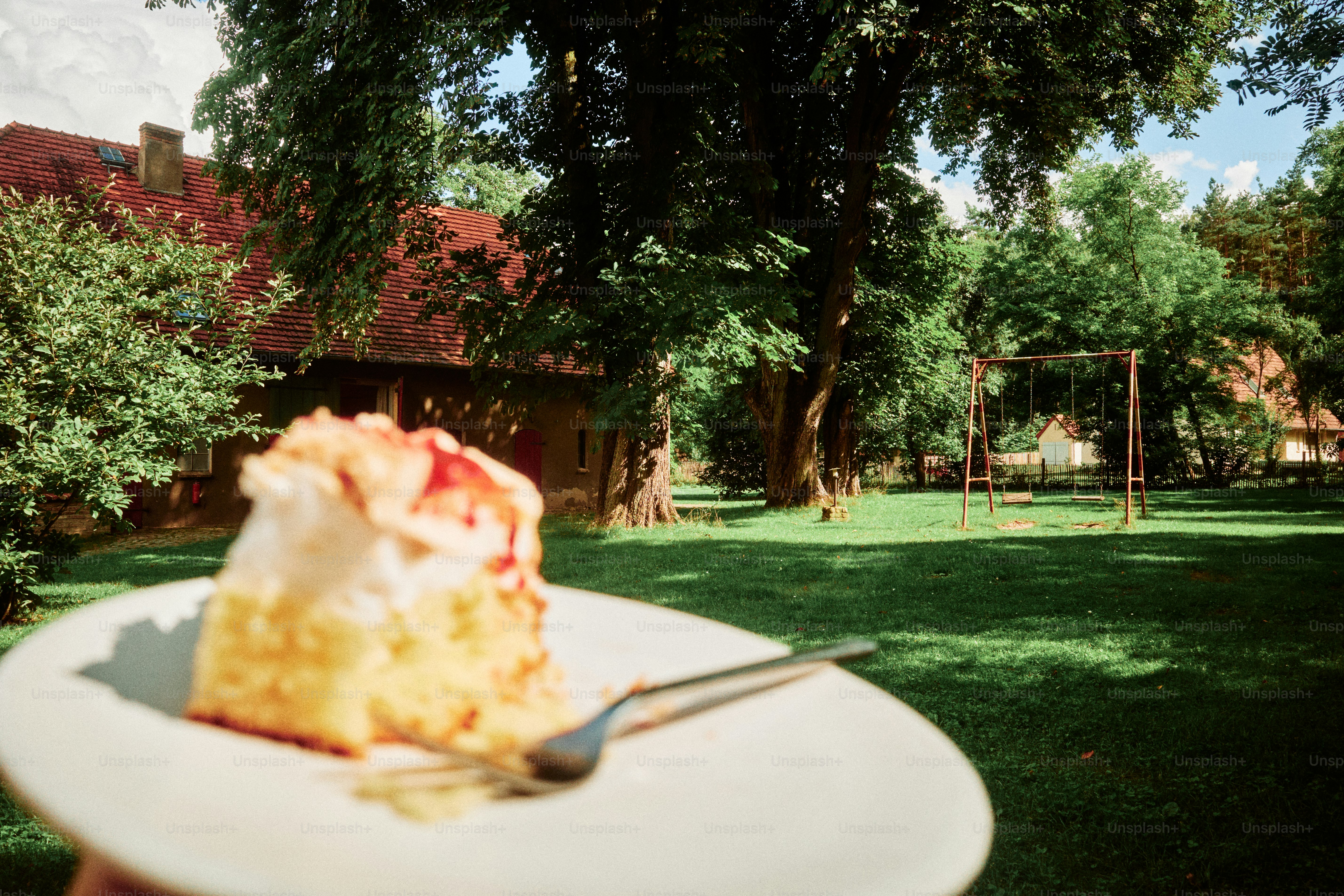 Slice of cake on a plate with fork, outdoors