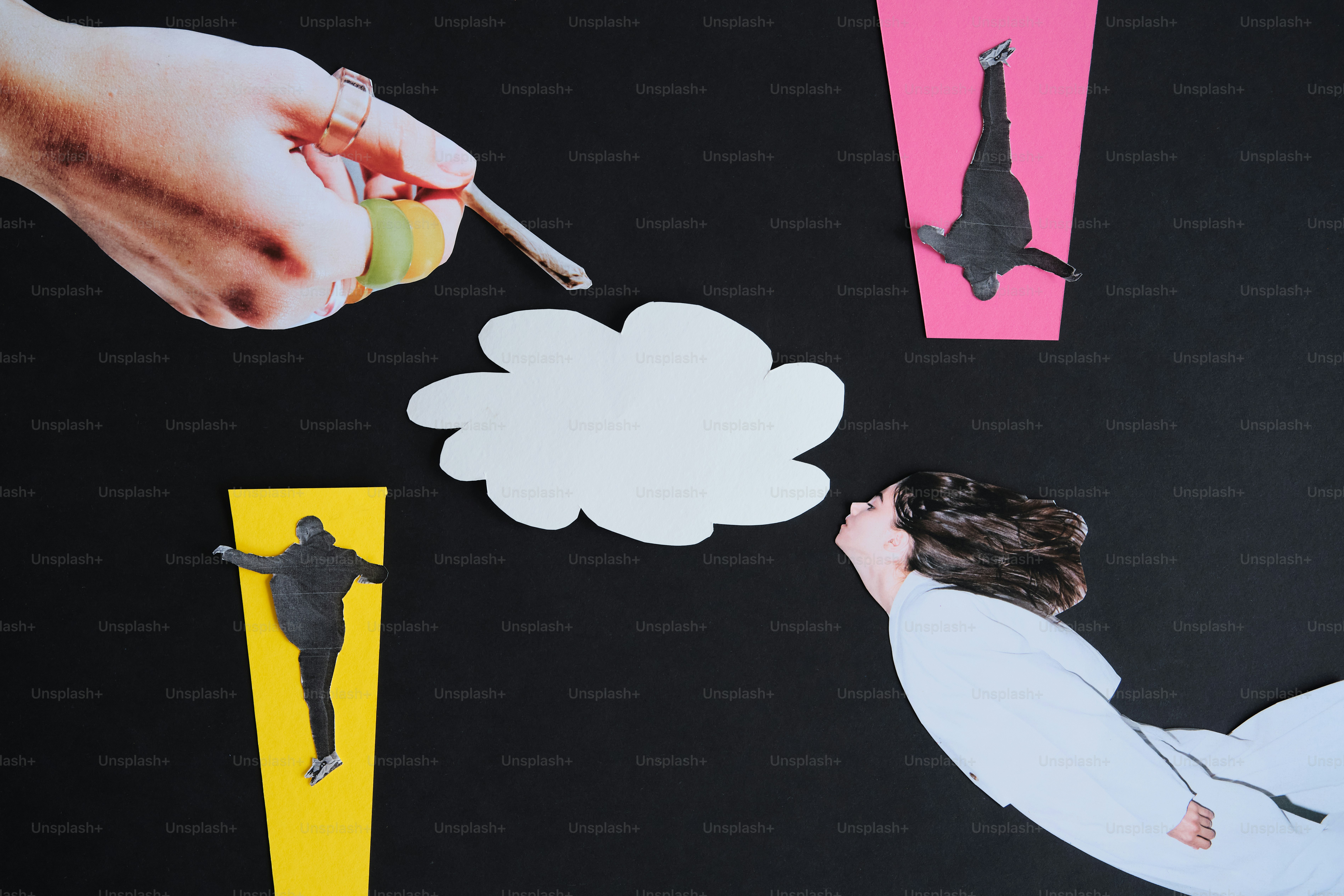 colagem de figuras interagindo em torno de um balão de pensamento