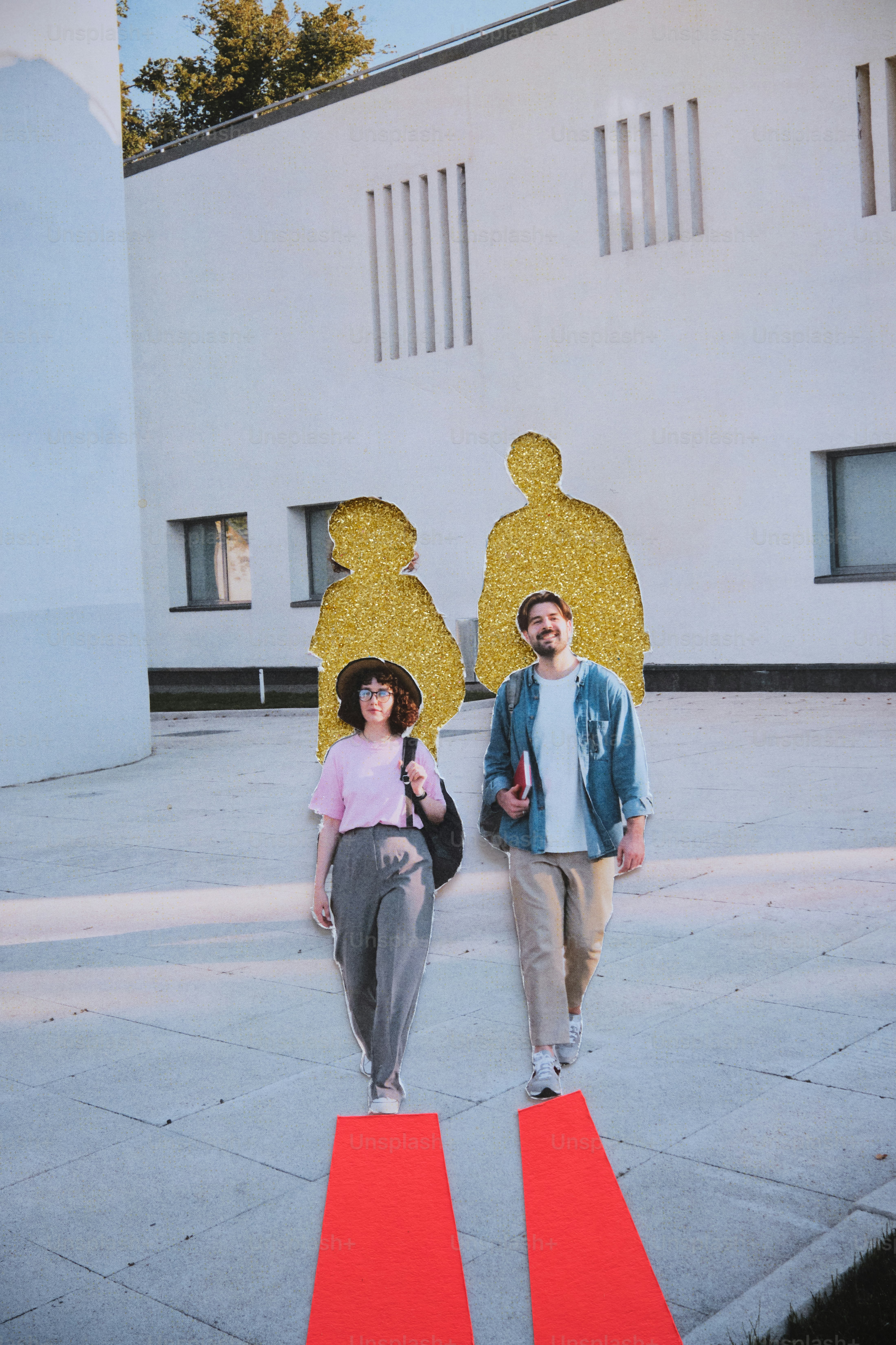 Pares que andam no tapete vermelho para silhuetas douradas