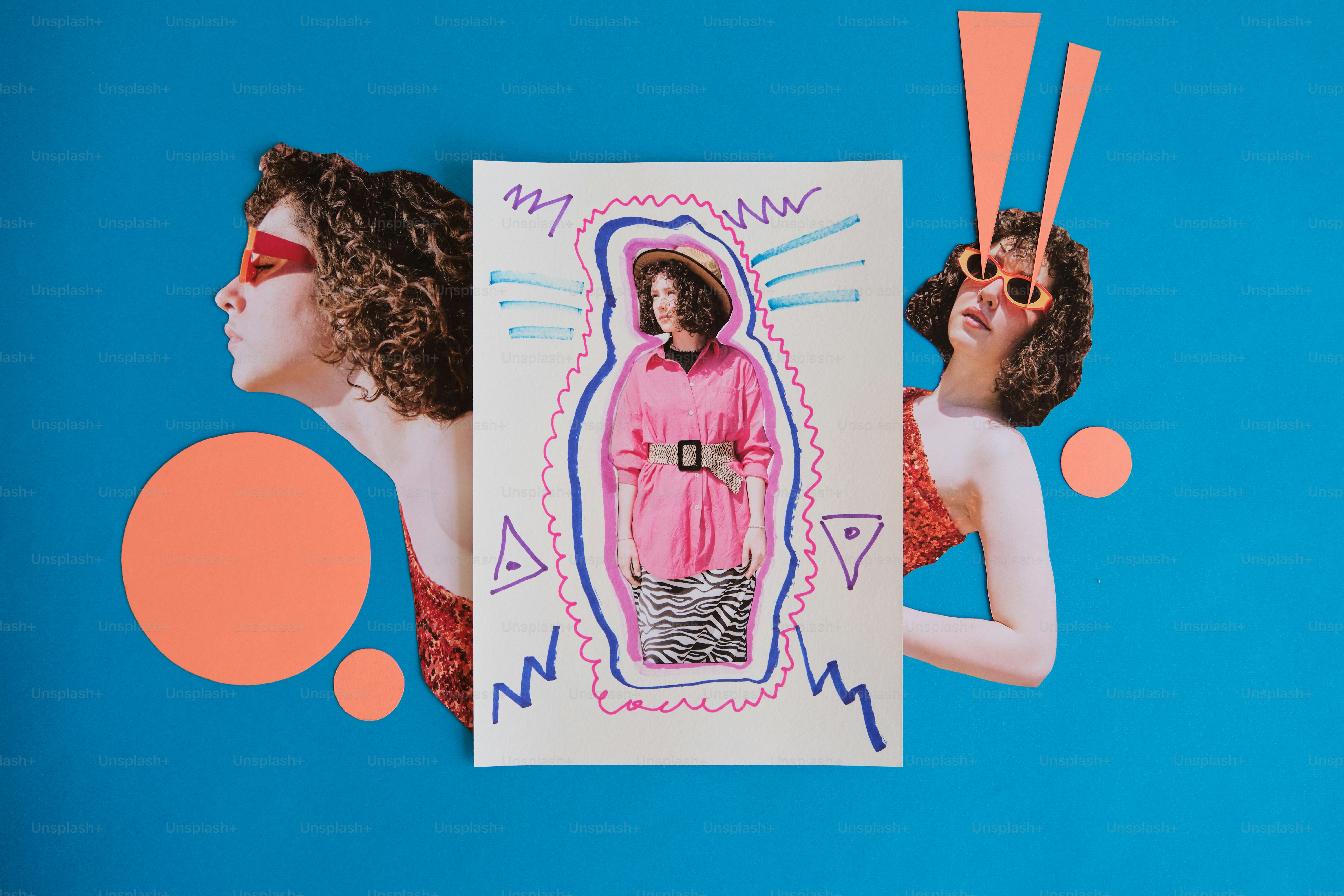 Mulher na roupa cor-de-rosa tirada dentro de linhas coloridas abstratas