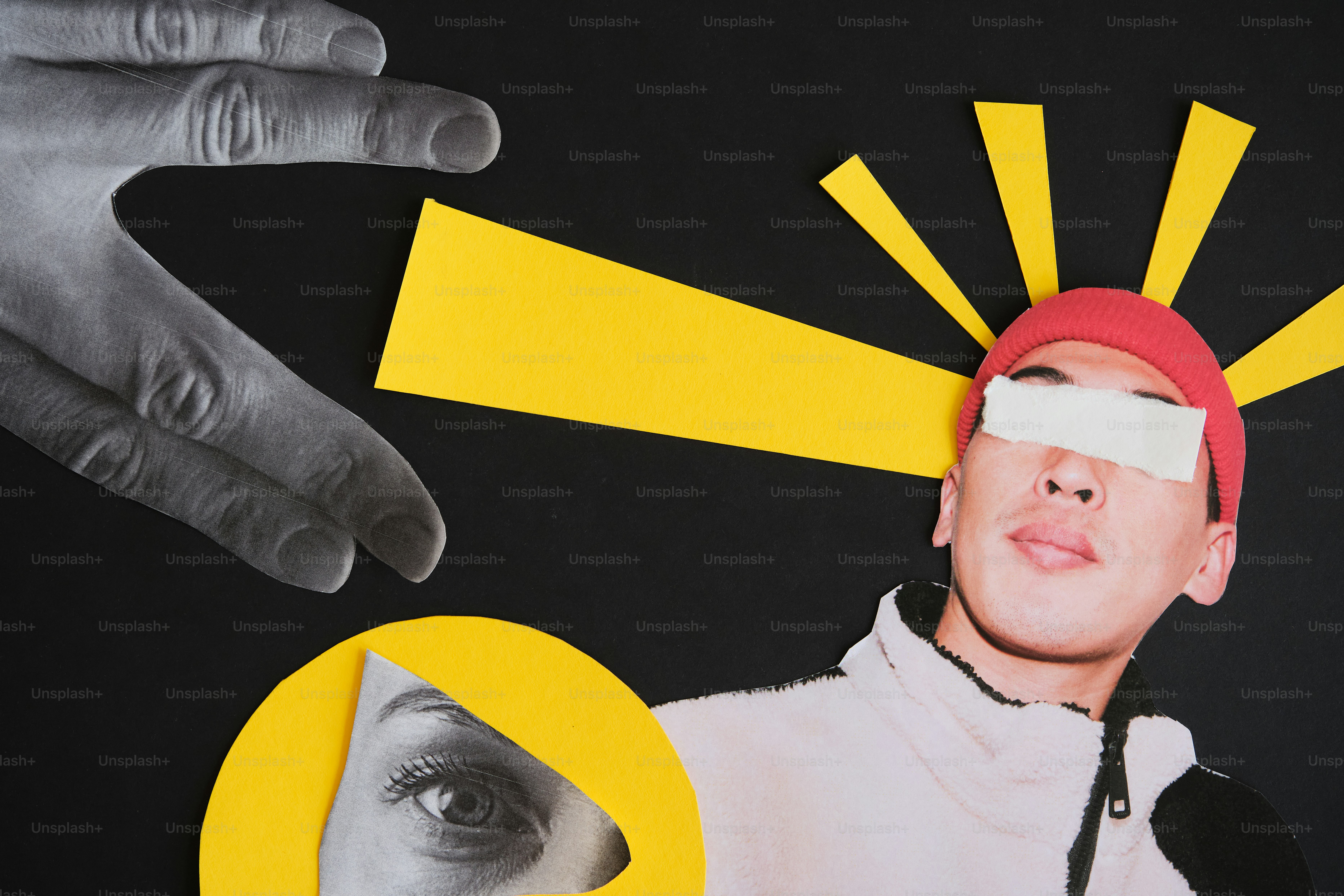 Collage-Kunst mit einer Hand, die nach dem Gesicht eines Mannes greift.
