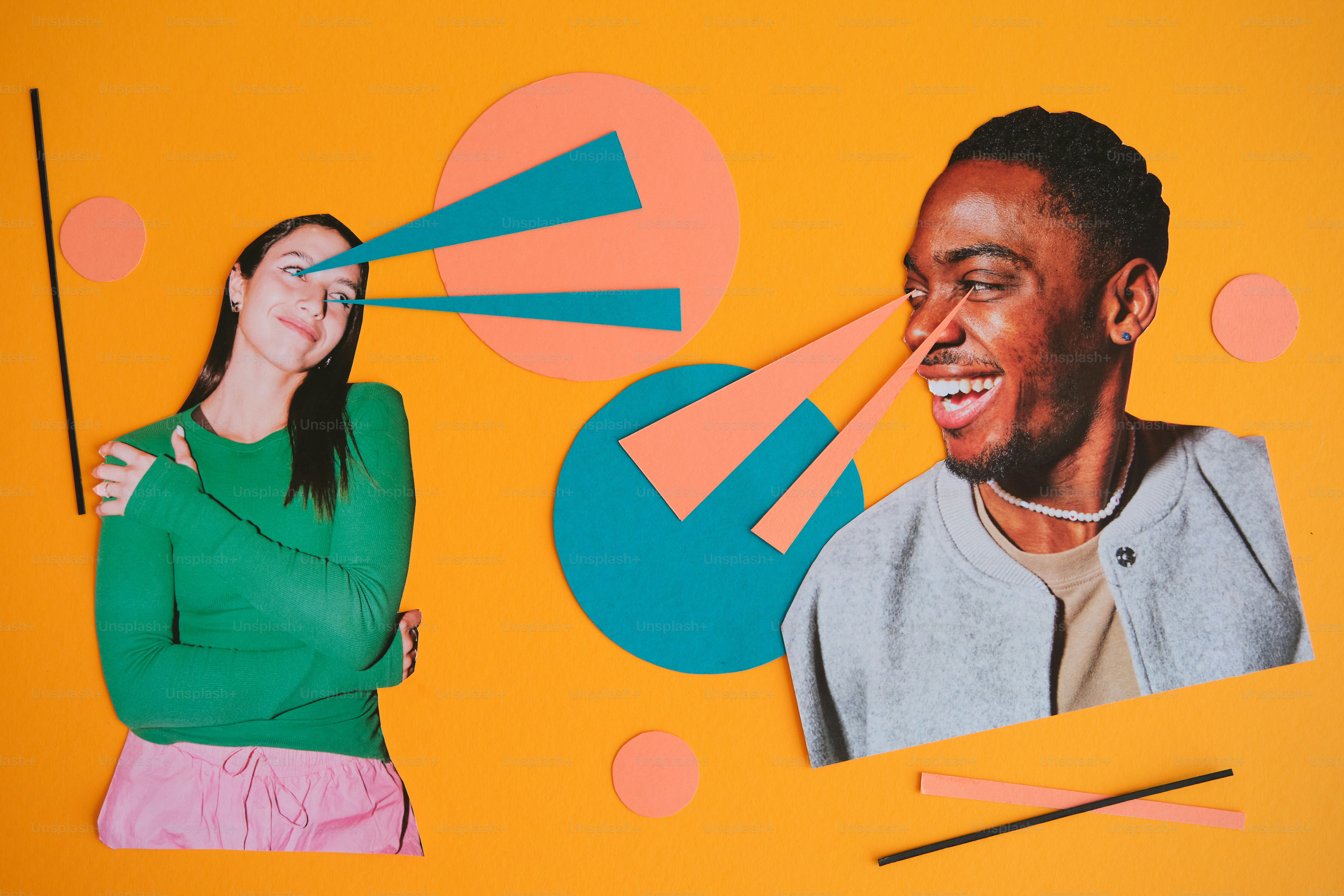 Duas pessoas com formas e linhas abstratas