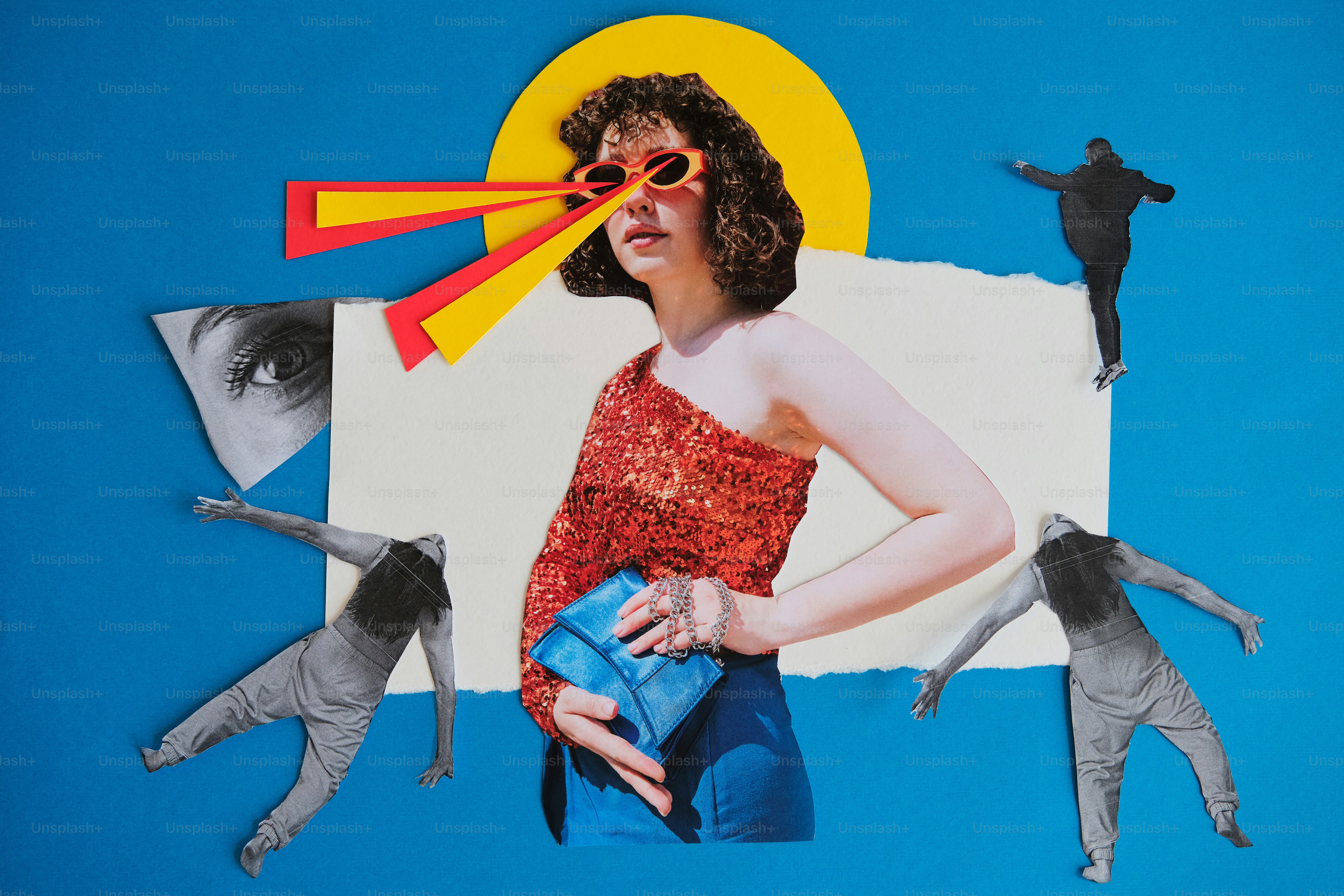 Mulher com óculos de sol e top cintilante cercado por figuras