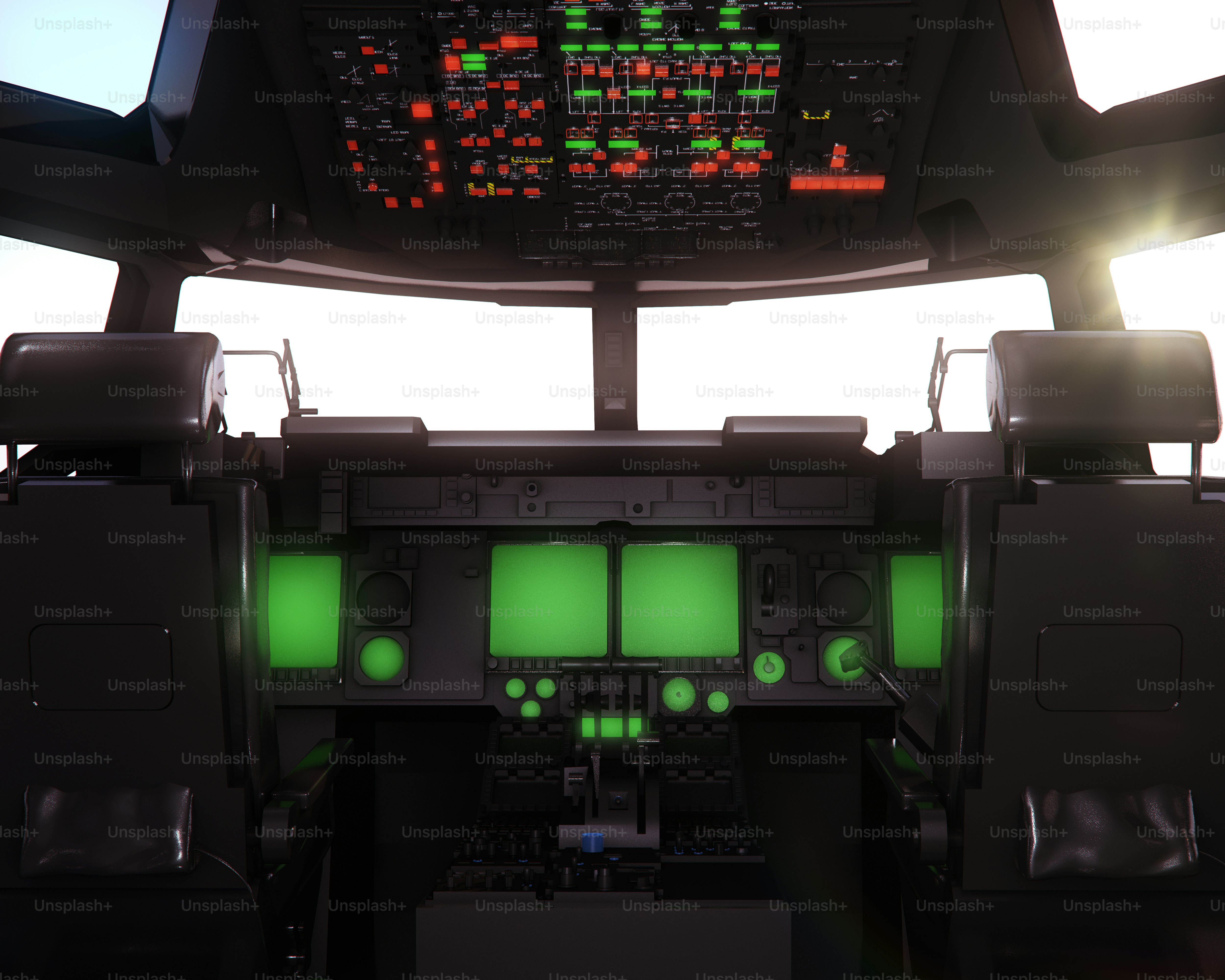 Airplane cockpit with illuminated green screens and displays.