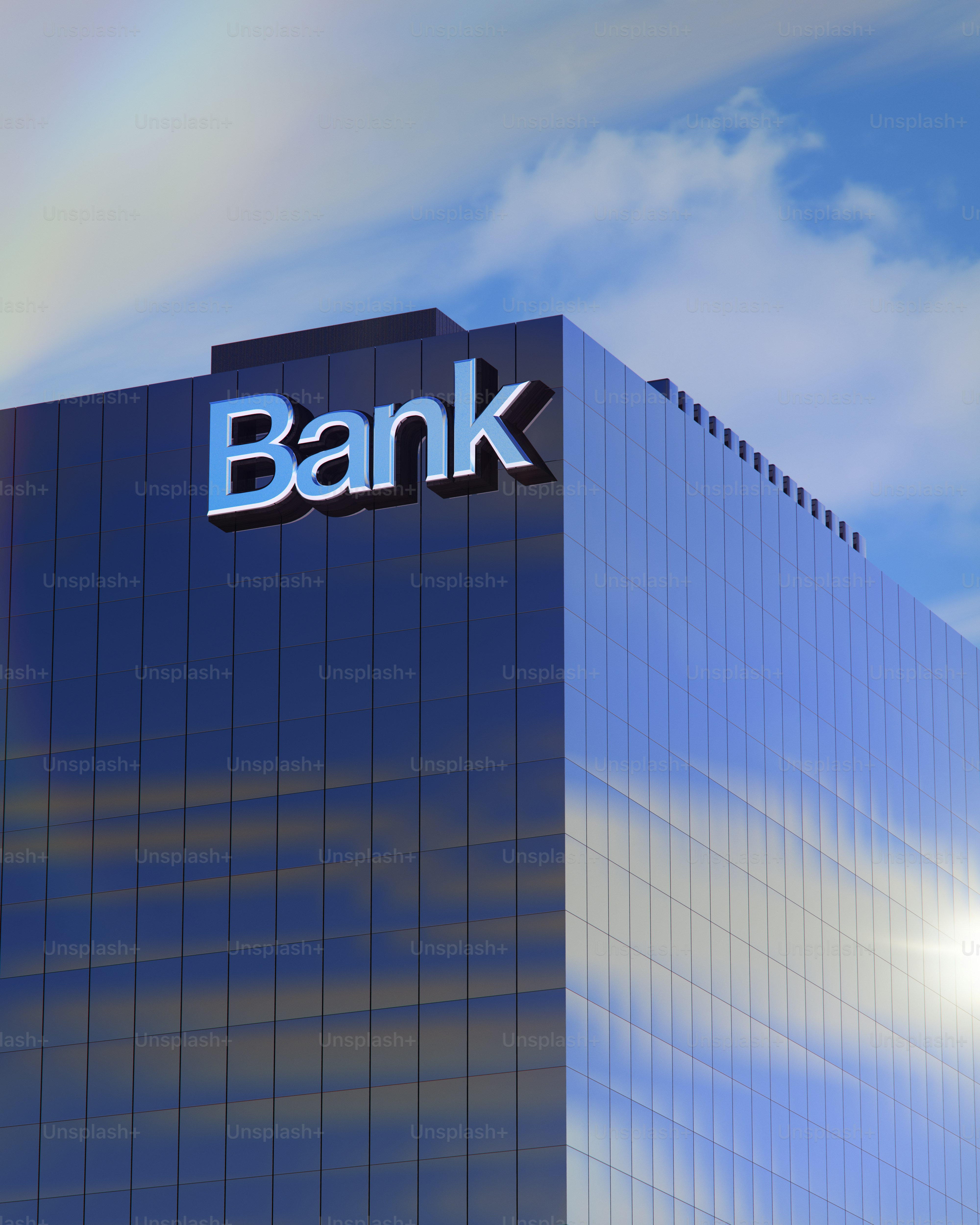 Modern bank building with reflective glass exterior
