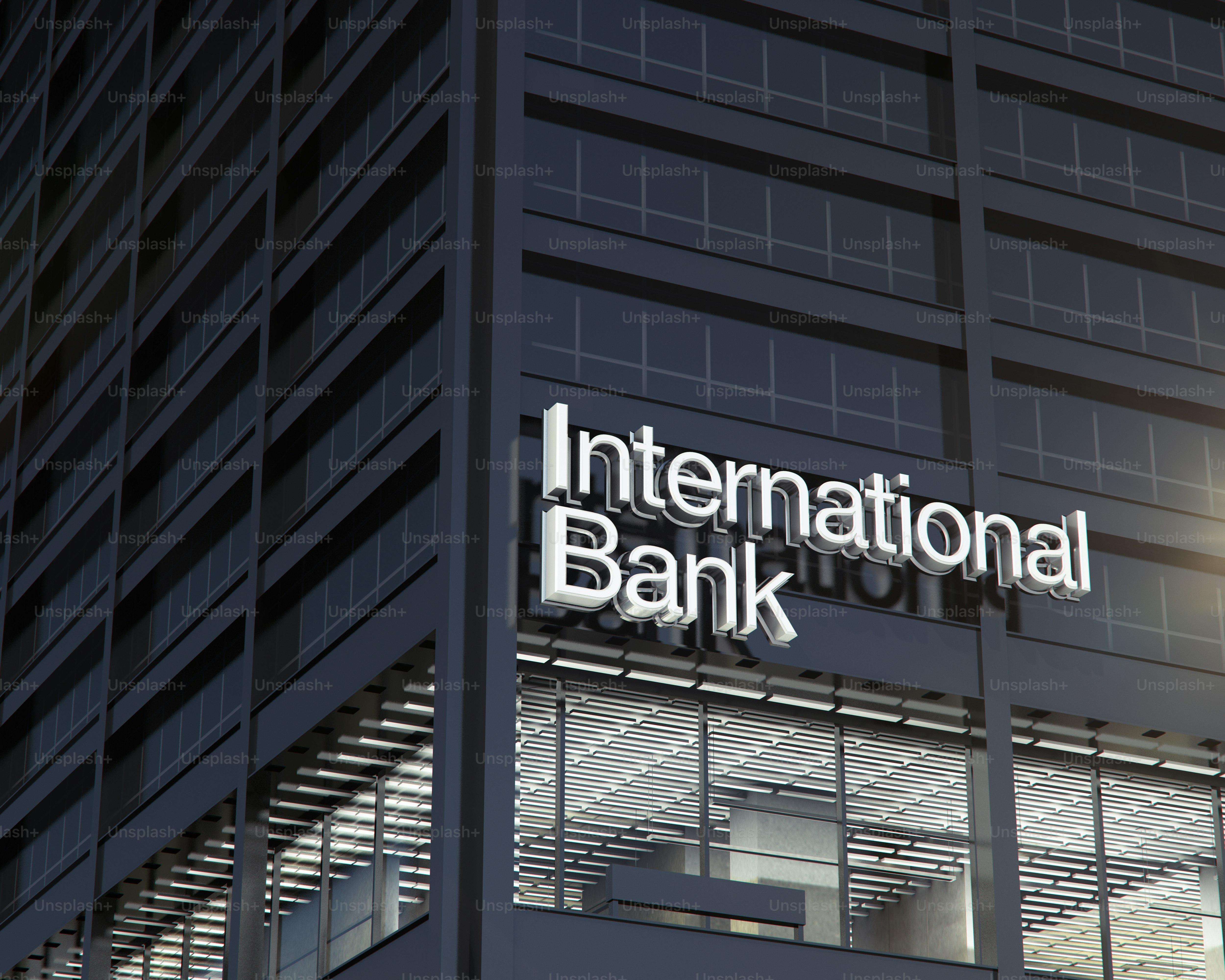 Modern international bank building exterior at dusk